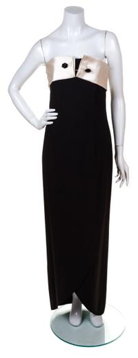 A Giorgio Armani Black Crepe Tuxedo Strapless Gown, Size 38.