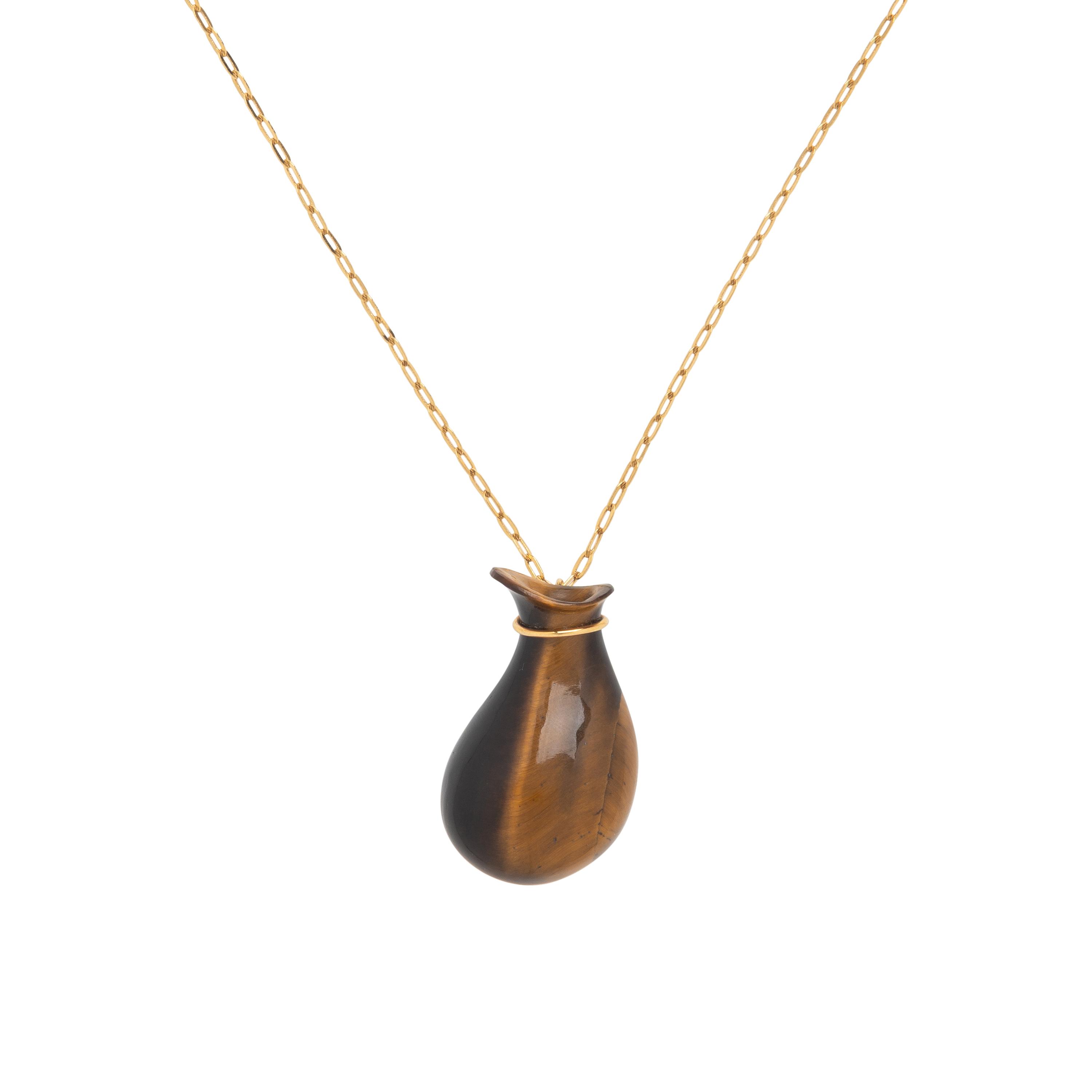 Tiffany & Co., Elsa Peretti, Tiger's Eye Bottle Jug Pendant and Yellow Gold Chain