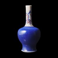 A Chinese Underglaze Blue and Copper Red 'Dragon' Porcelain Bottle Vase, 18th Century 清中期 青花釉裡紅龍紋長頸瓶