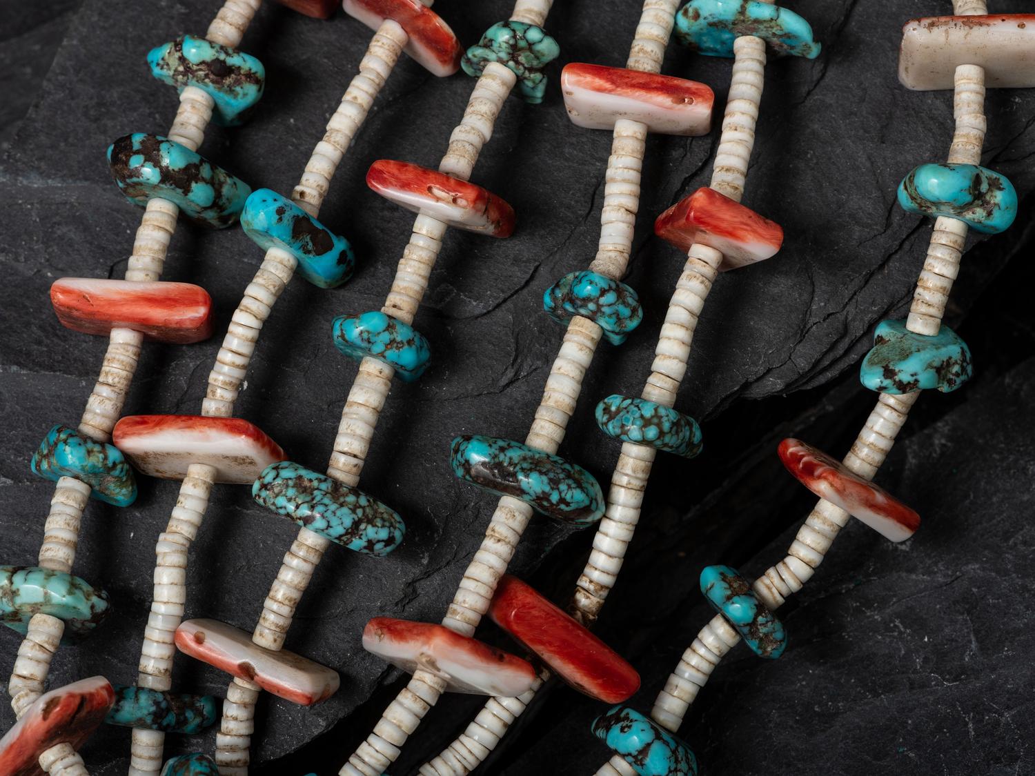 Pueblo Multi-strand Heishi Necklace, with Rolled Turquoise Joclas