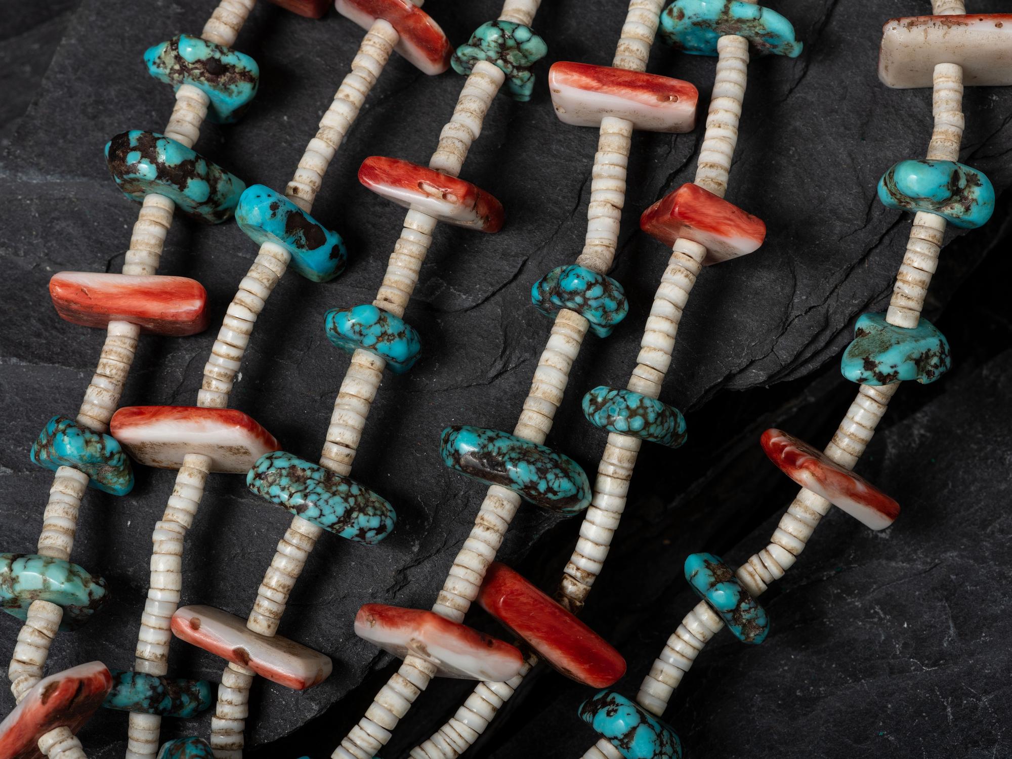 Pueblo Multi-strand Heishi Necklace, with Rolled Turquoise Joclas