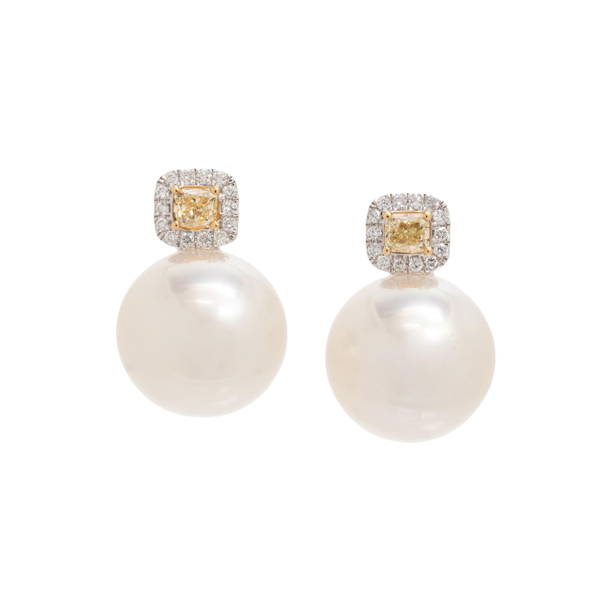 SOUTH SEA CULTURED PEARL, DIAMOND AND COLORED DIAMOND EARCLIPS