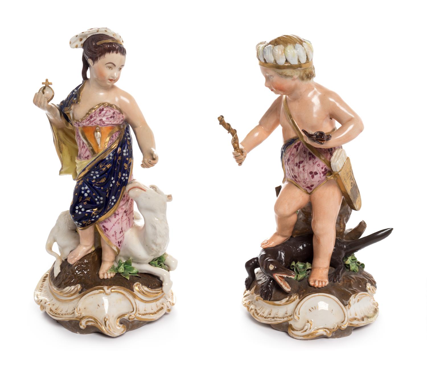 A Pair of Continental Porcelain Figures Emblematic of America and Asia
