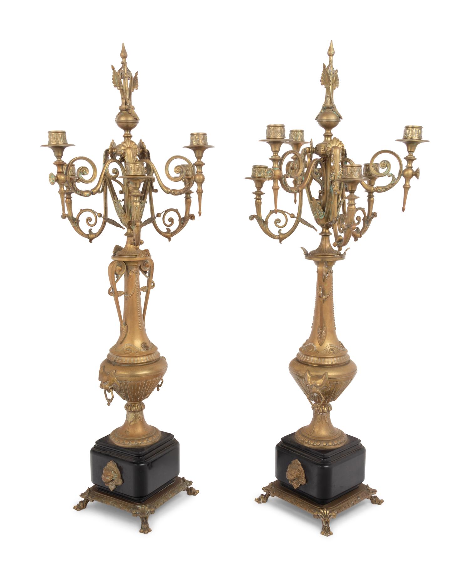 A Pair of French Neoclassical Gilt Metal Six-Light Candelabra