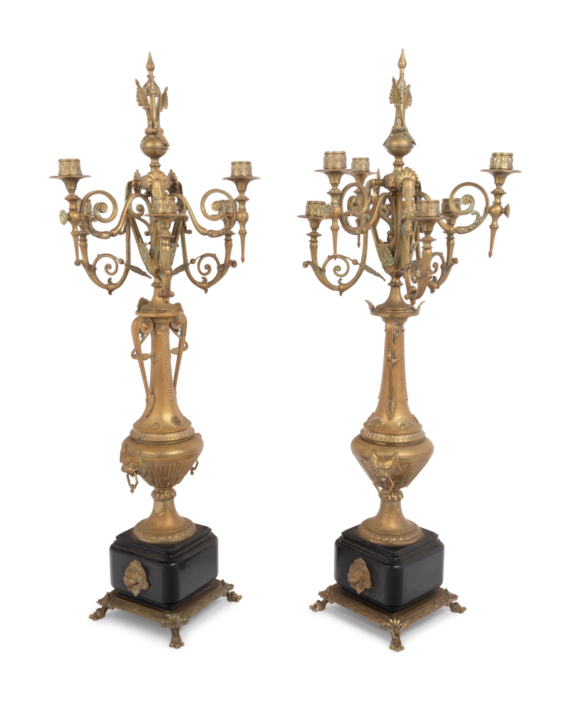 A Pair of French Neoclassical Gilt Metal Six-Light Candelabra