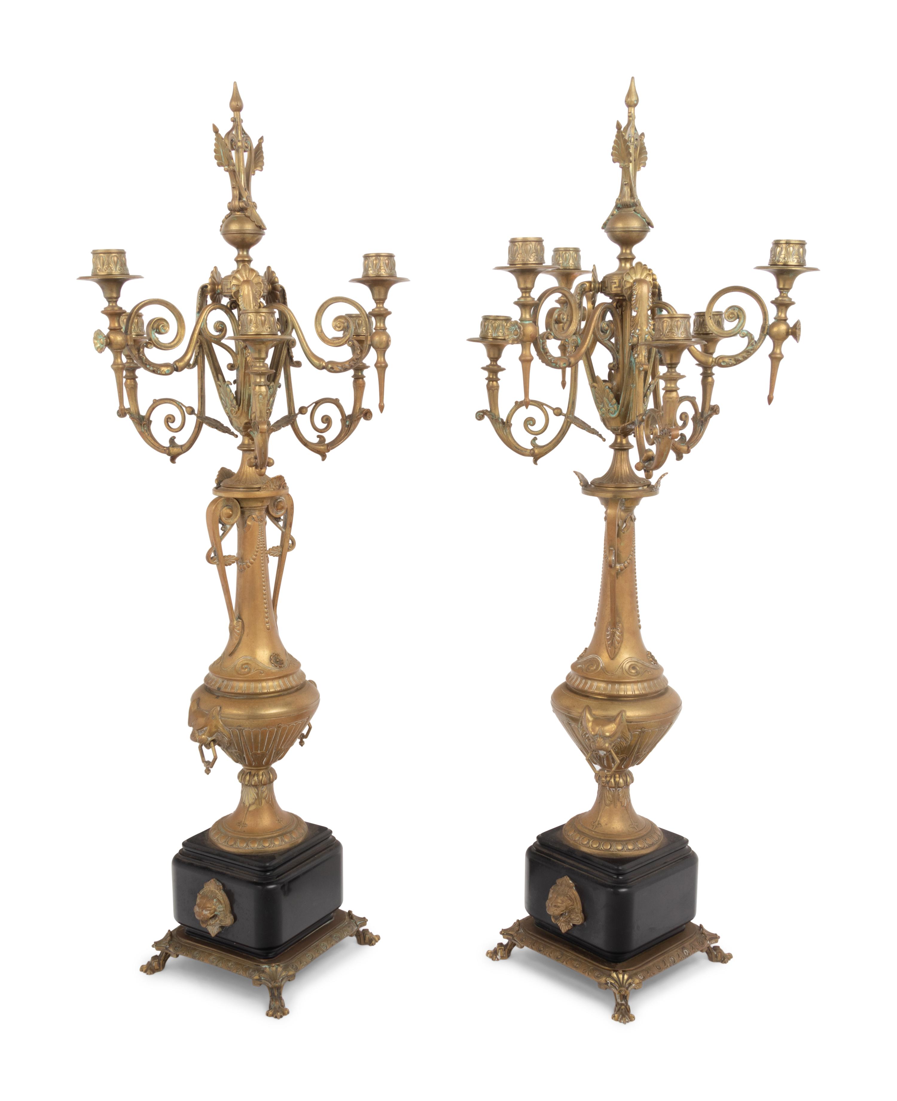 A Pair of French Neoclassical Gilt Metal Six-Light Candelabra