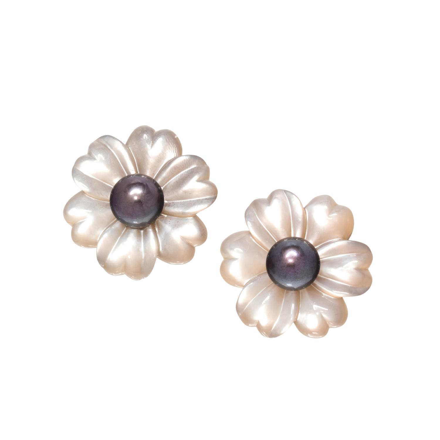 CULTURED TAHITIAN PEARL AND MOTHER-OF-PEARL FLOWER EARCLIPS