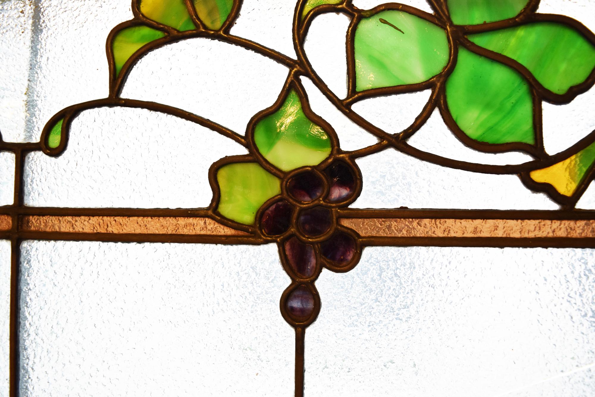A Grape Vine Scenic Leaded Glass Window 60" W x 1.5" D x 24.5" H — United States, Circa 1900