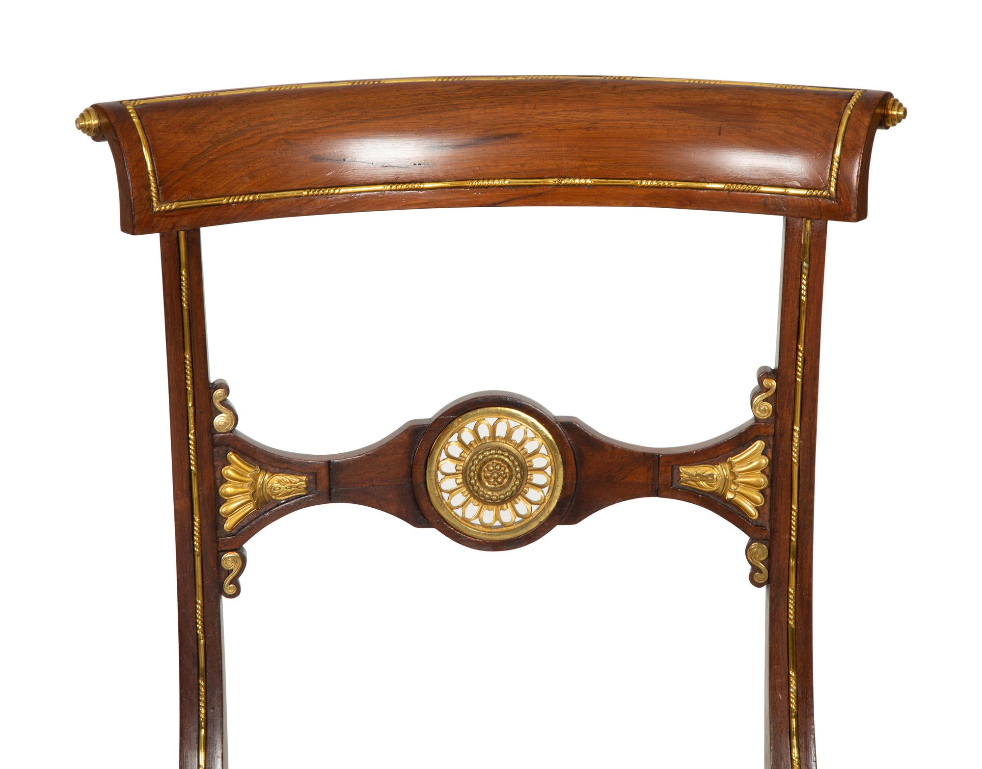 Four Regency Style Gilt Metal Inlaid Rosewood Cane Seat Side Chairs