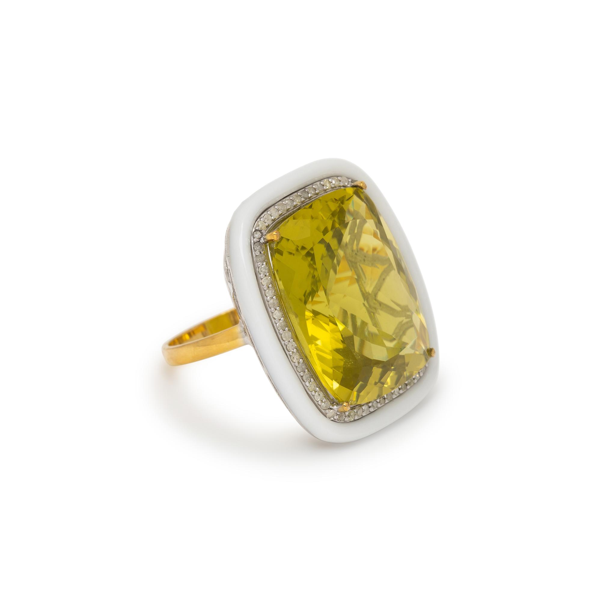 LIME QUARTZ, DIAMOND, AND HARDSTONE RING