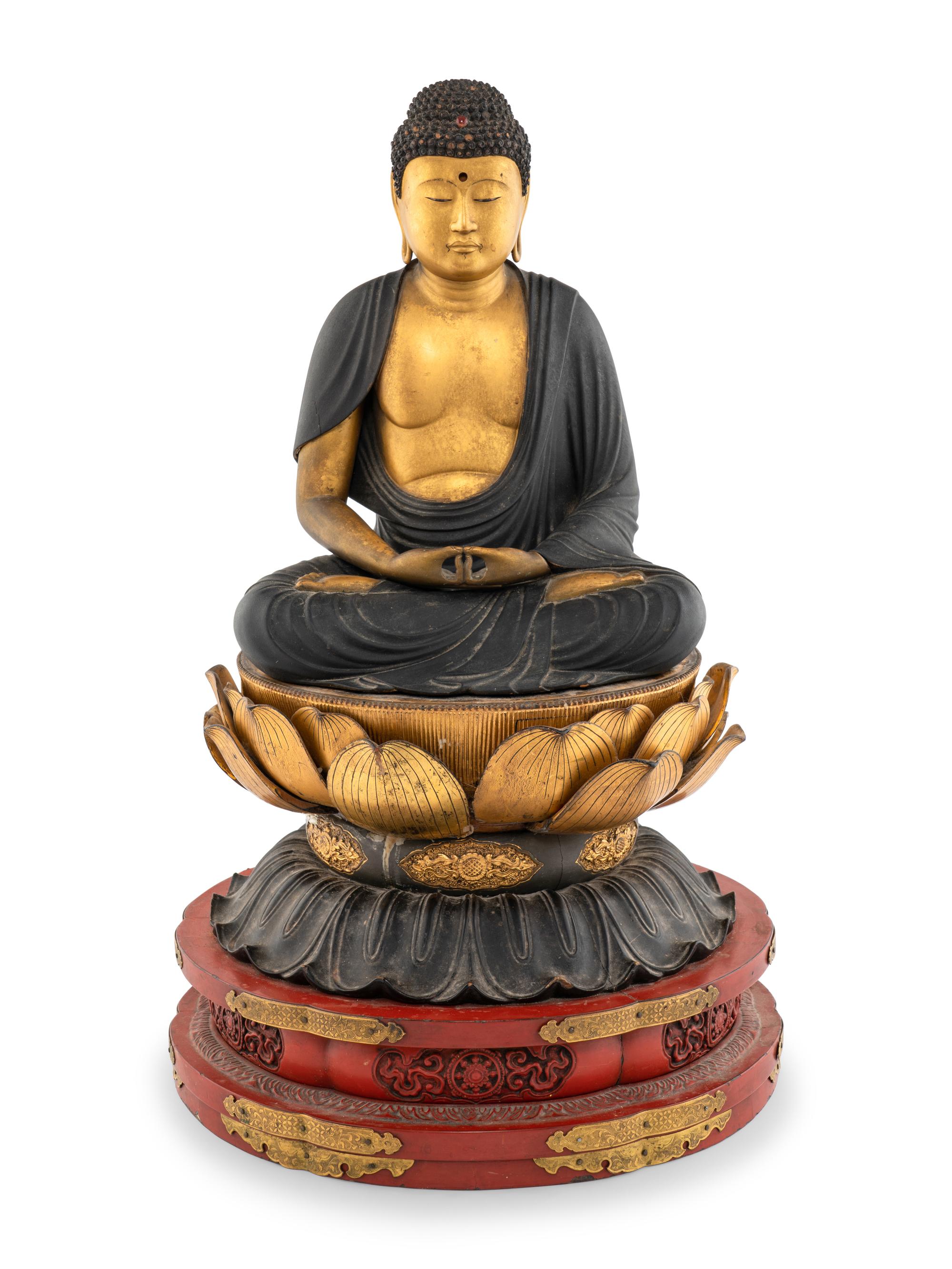 A Japanese Gilt and Red Lacquered Wood Figure of Buddha