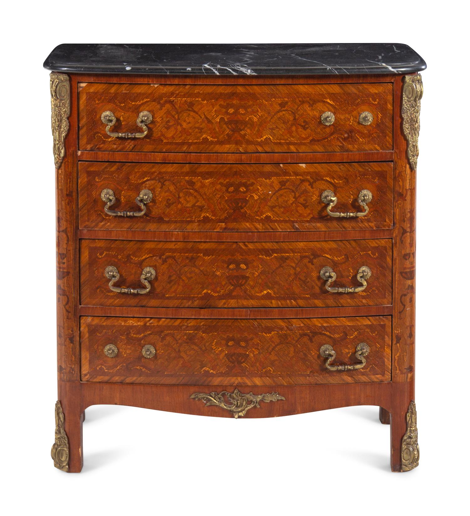 A Louis XV/XVI Transitional Style Gilt Bronze Mounted Marquetry Chest of Drawers