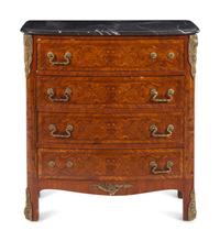 A Louis XV/XVI Transitional Style Gilt Bronze Mounted Marquetry Chest of Drawers