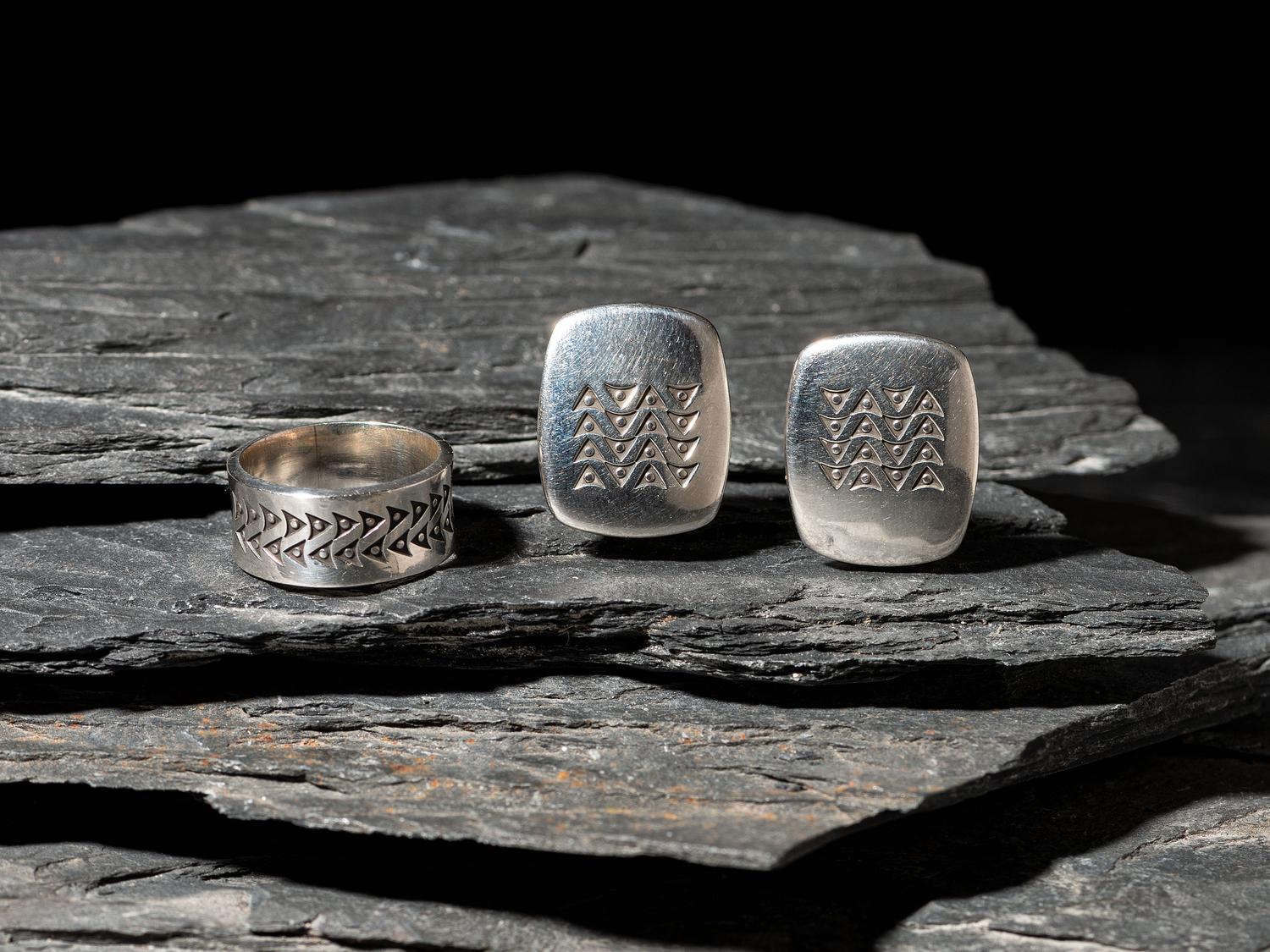 Matching Stamped Silver Ring and Clip Earrings