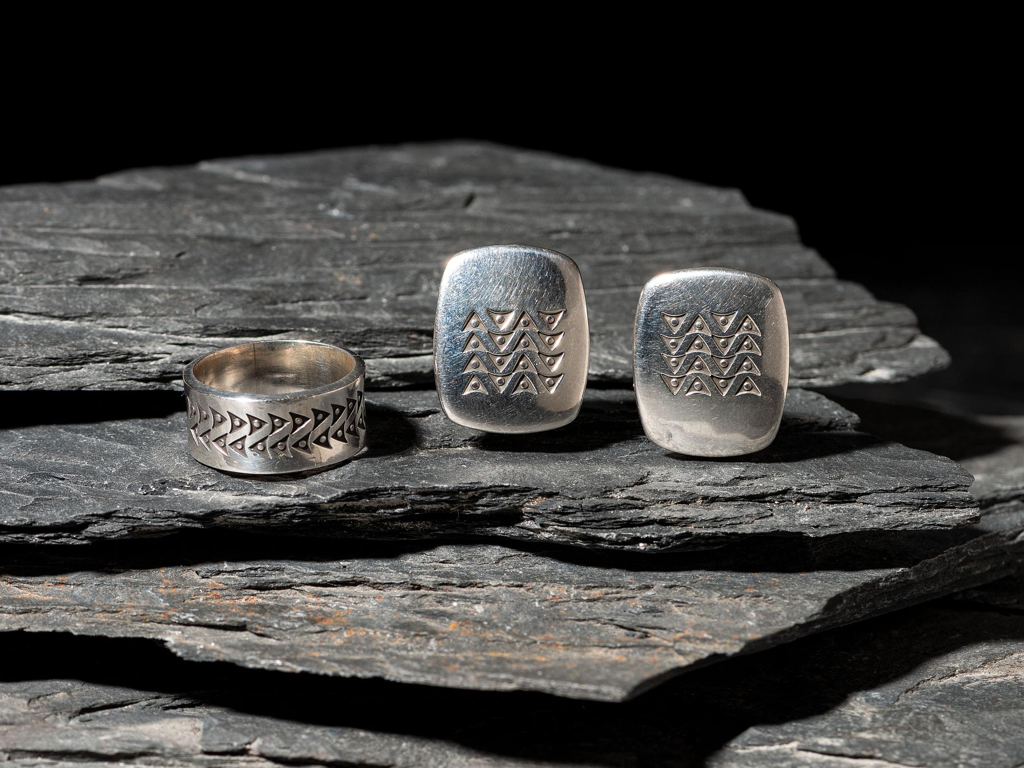 Matching Stamped Silver Ring and Clip Earrings