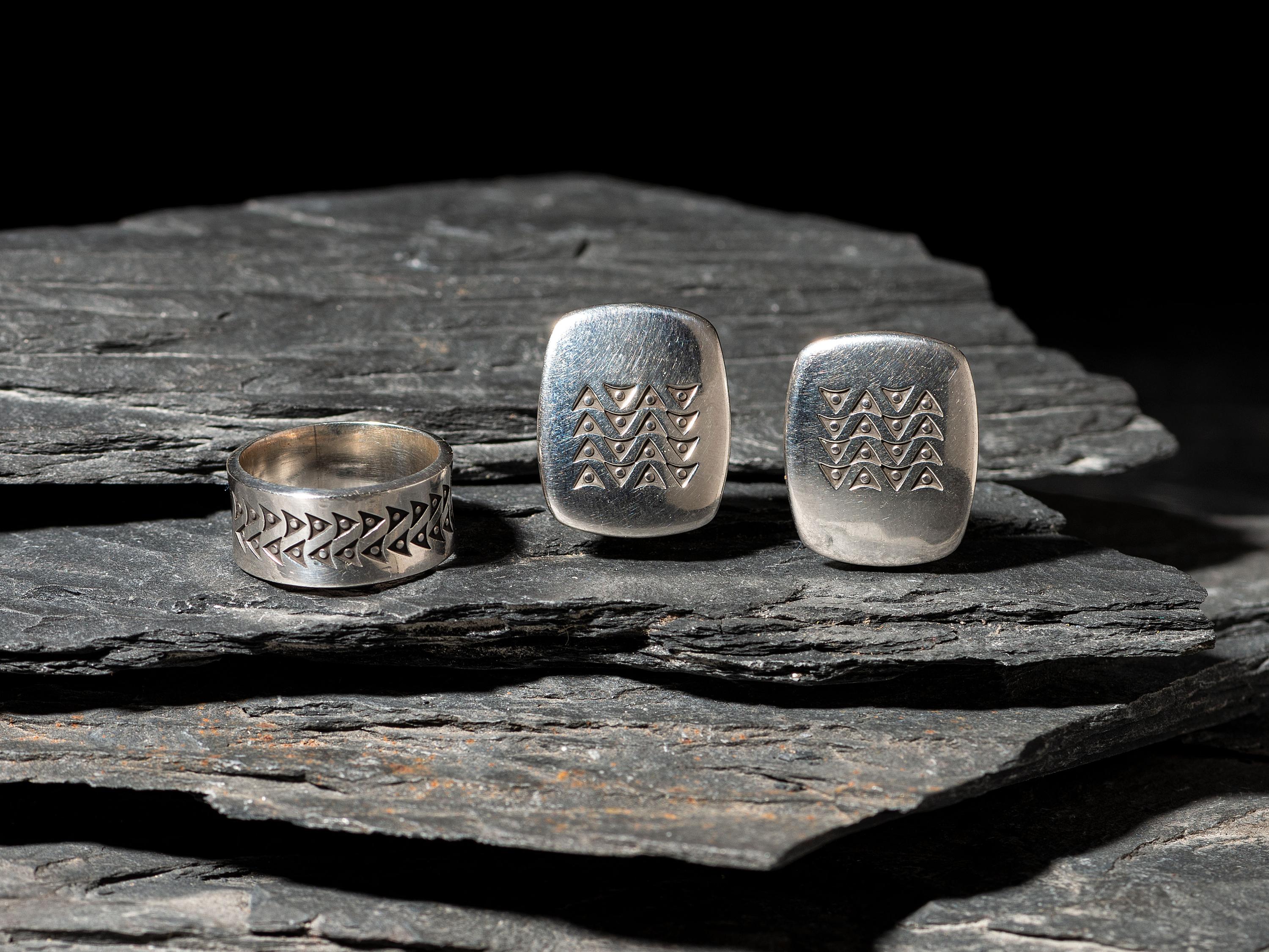 Matching Stamped Silver Ring and Clip Earrings