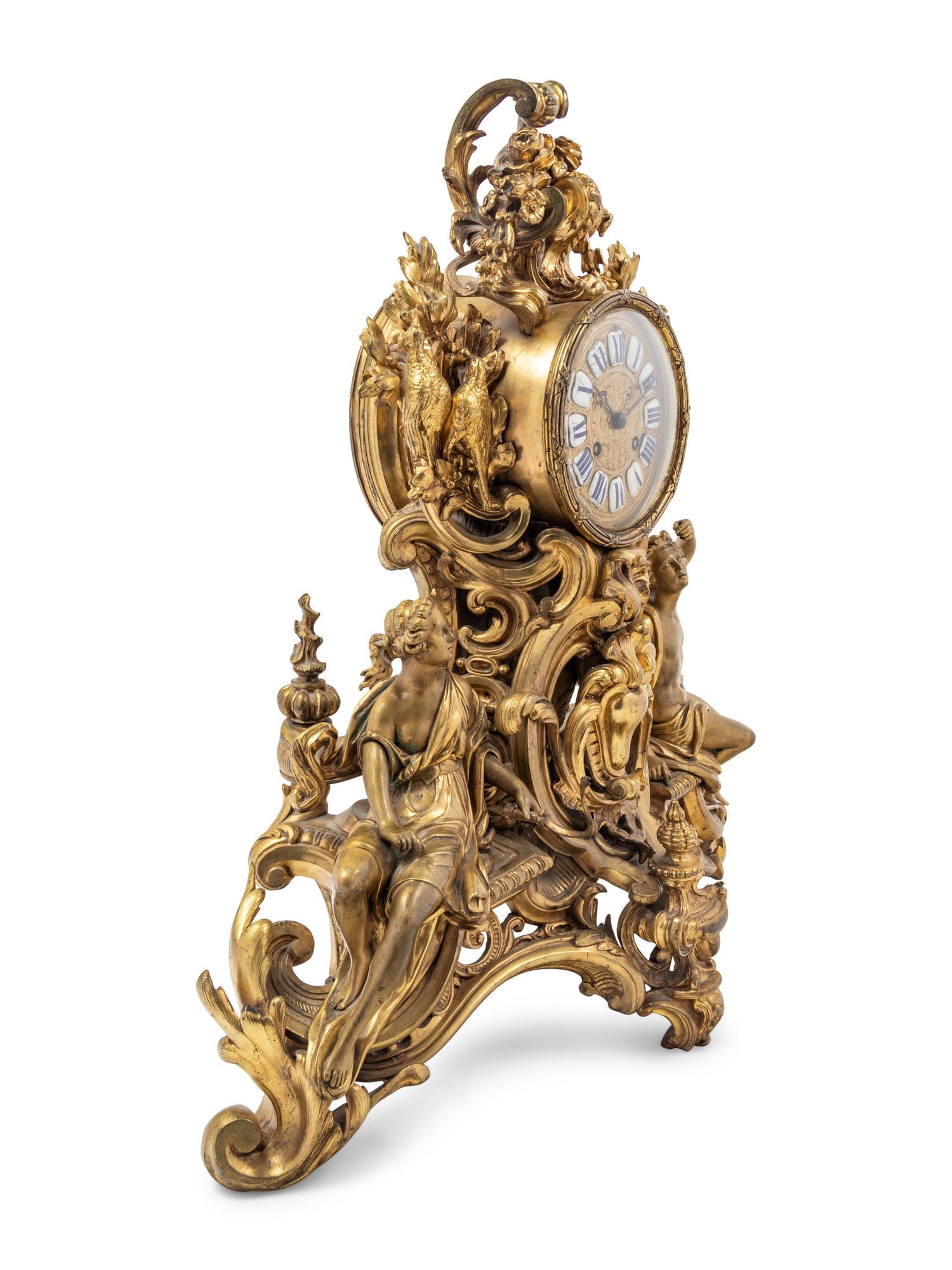 A Louis XV Style Gilt Bronze Figural Mantel Clock