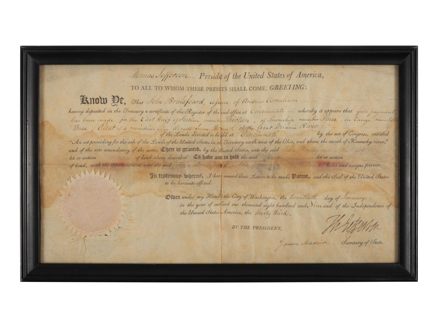 JEFFERSON, Thomas (1743-1826). Partly printed land grant signed ("Th. Jefferson") as President of the United States, countersigned by James Madison as Secretary of State. Washington, DC, 20 January 1809.