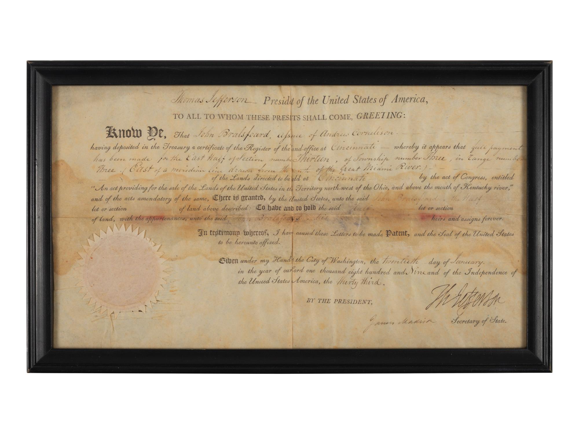 JEFFERSON, Thomas (1743-1826). Partly printed land grant signed ("Th. Jefferson") as President of the United States, countersigned by James Madison as Secretary of State. Washington, DC, 20 January 1809.