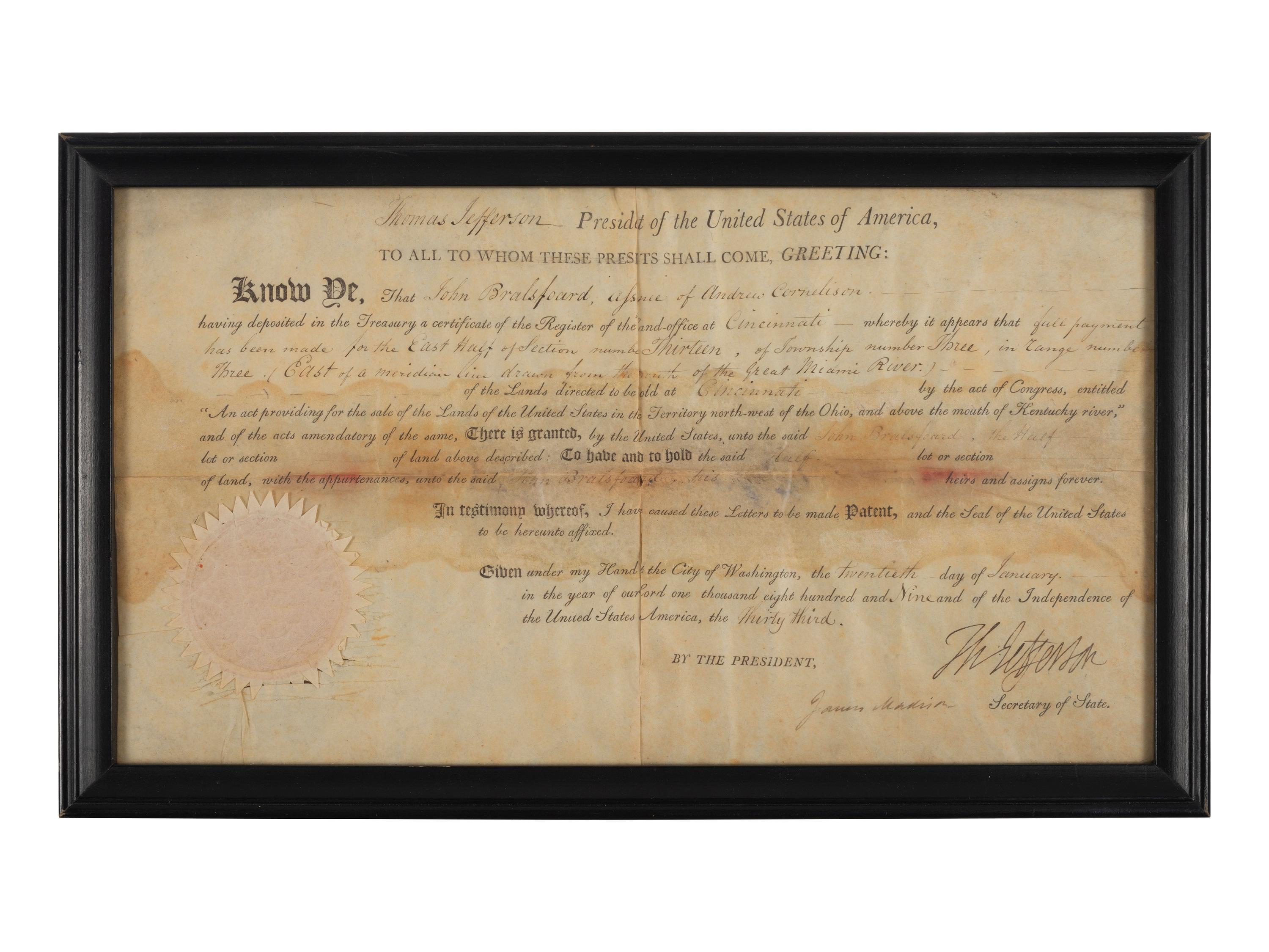 JEFFERSON, Thomas (1743-1826). Partly printed land grant signed ("Th. Jefferson") as President of the United States, countersigned by James Madison as Secretary of State. Washington, DC, 20 January 1809.