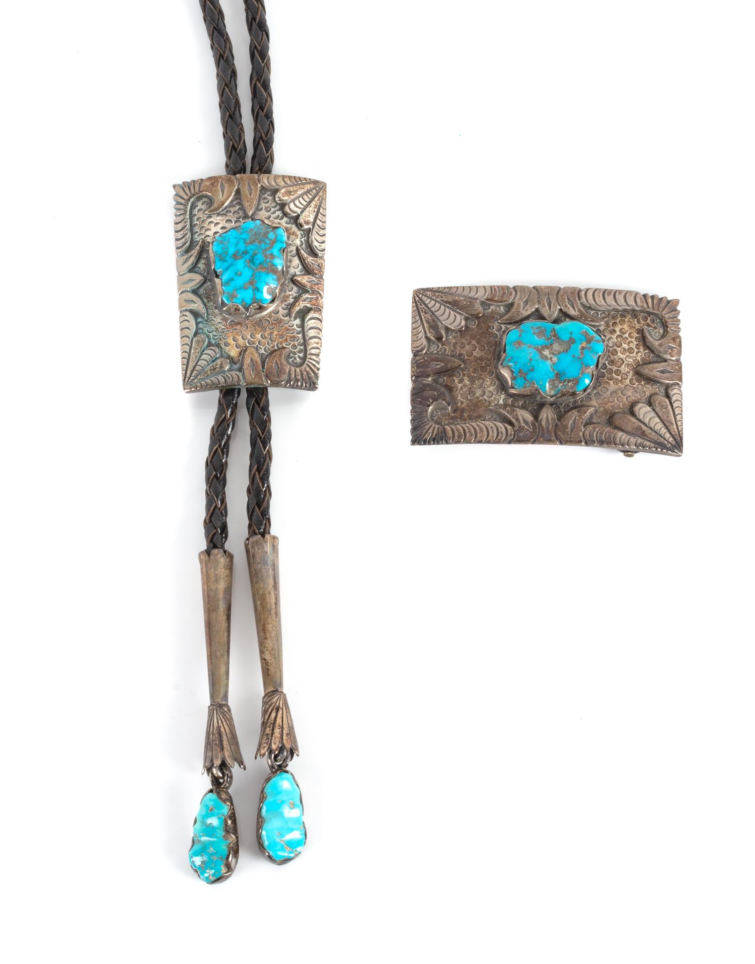 Southwestern Silver and Turquoise Bolo and Belt Buckle Height 2 1/8 x 1 1/2 inches