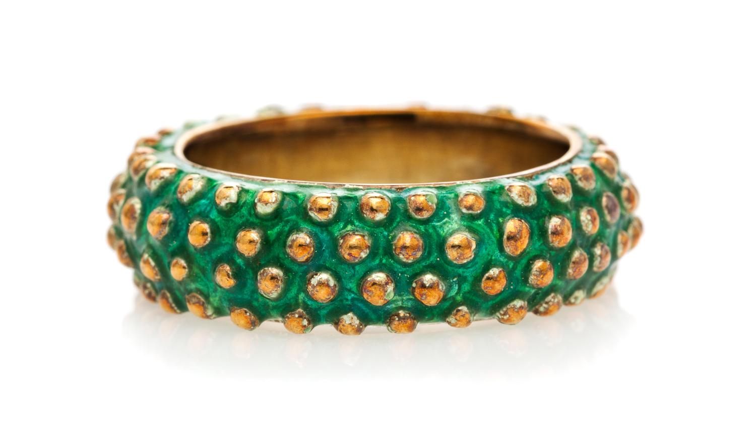 A 14 Karat Yellow Gold and Green Enamel Band, 8.50 dwts.