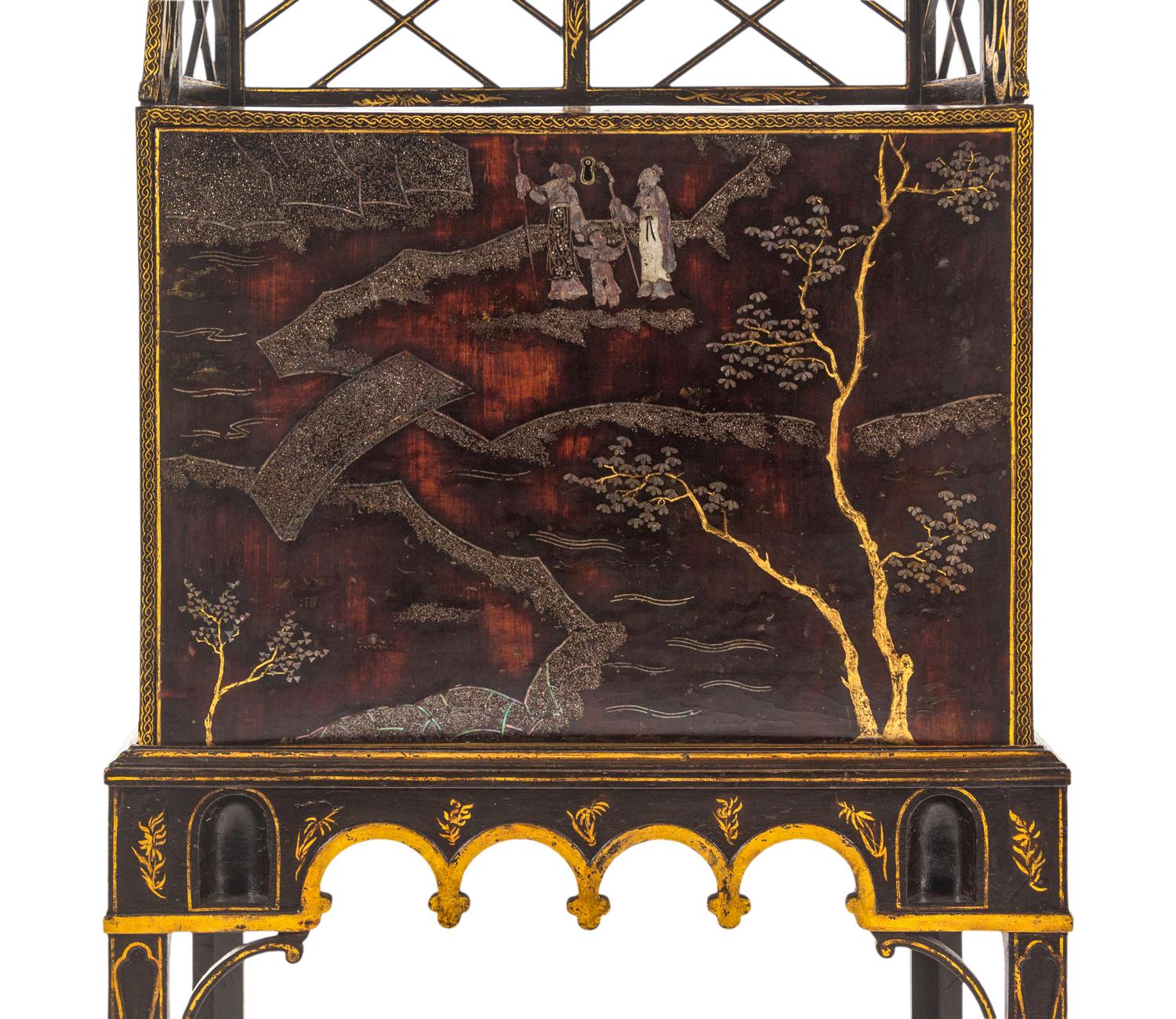 A George III 'Lac Bergaute' and Black and Gilt-Japanned Secrétaire Cabinet-on-Stand