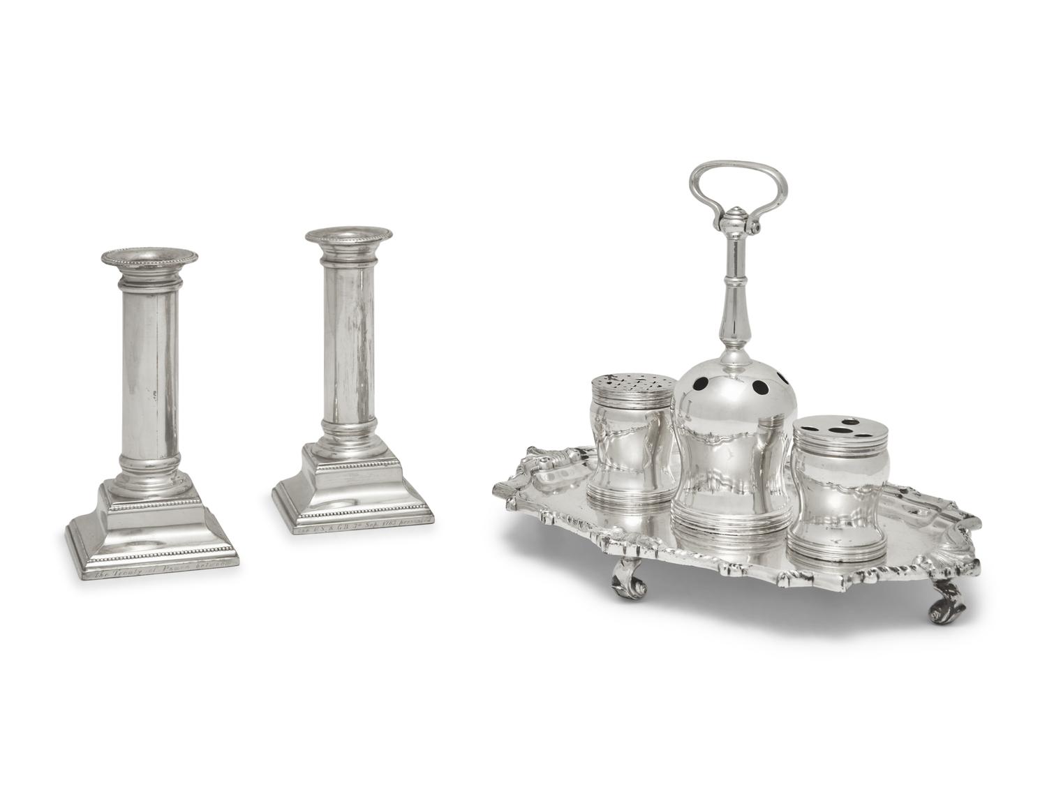 A Reproduction Silver-Plated Inkstand and a Pair of Reproduction Sterling Silver Candlesticks