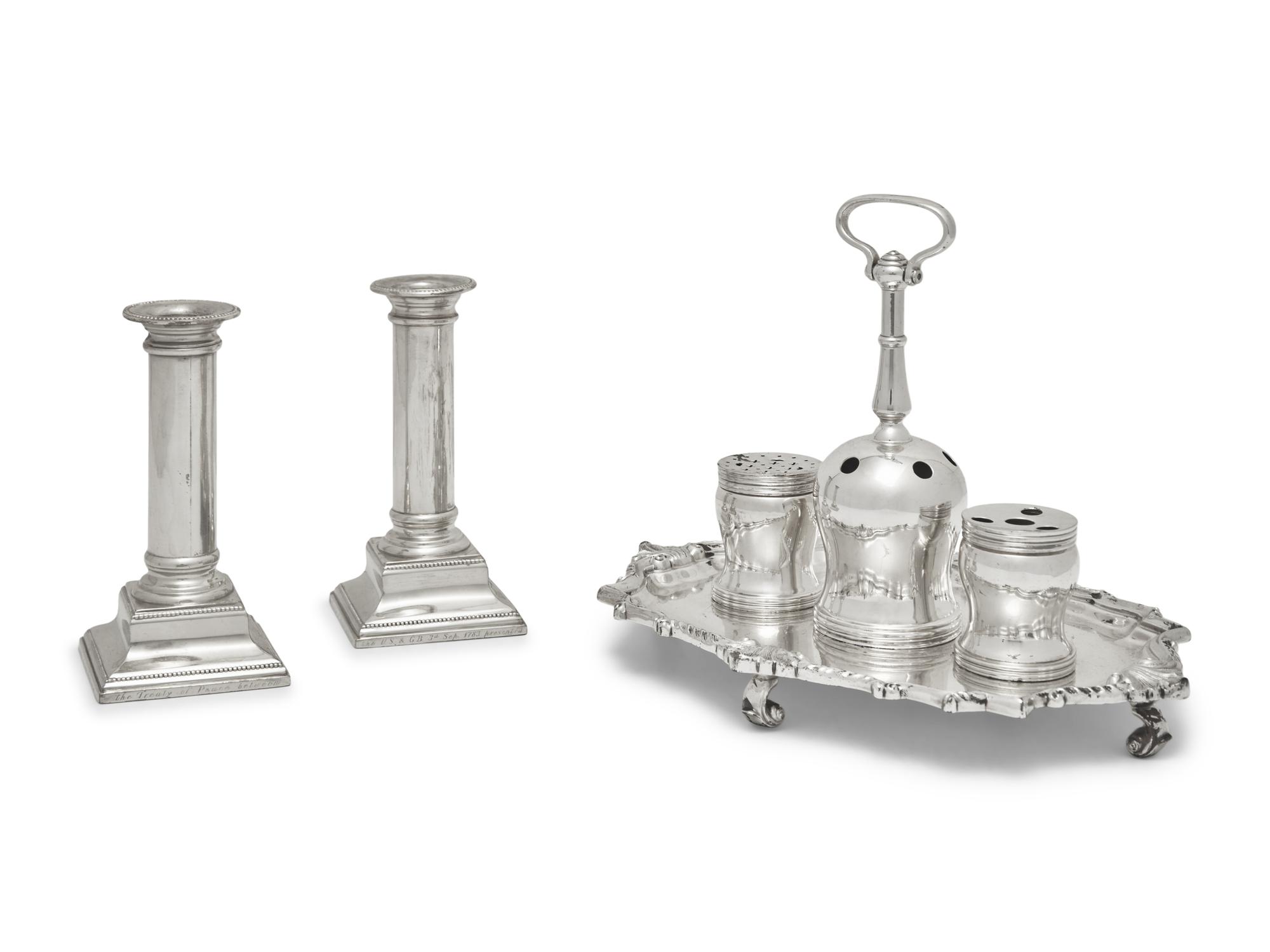 A Reproduction Silver-Plated Inkstand and a Pair of Reproduction Sterling Silver Candlesticks