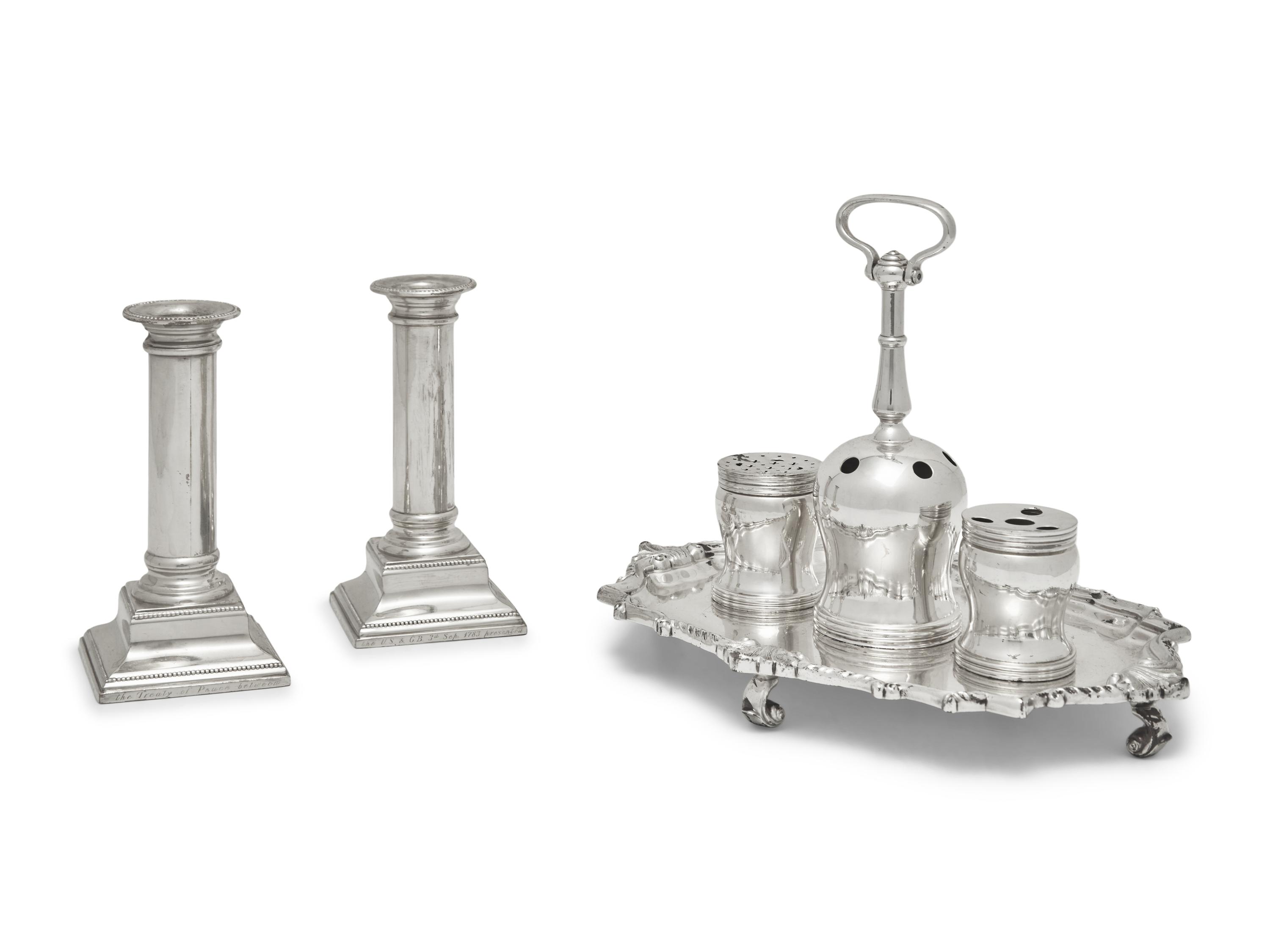 A Reproduction Silver-Plated Inkstand and a Pair of Reproduction Sterling Silver Candlesticks