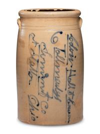 A Colvin, Hall, and Cowan Six-Gallon 'At Station' Script Decorated Stoneware Crock