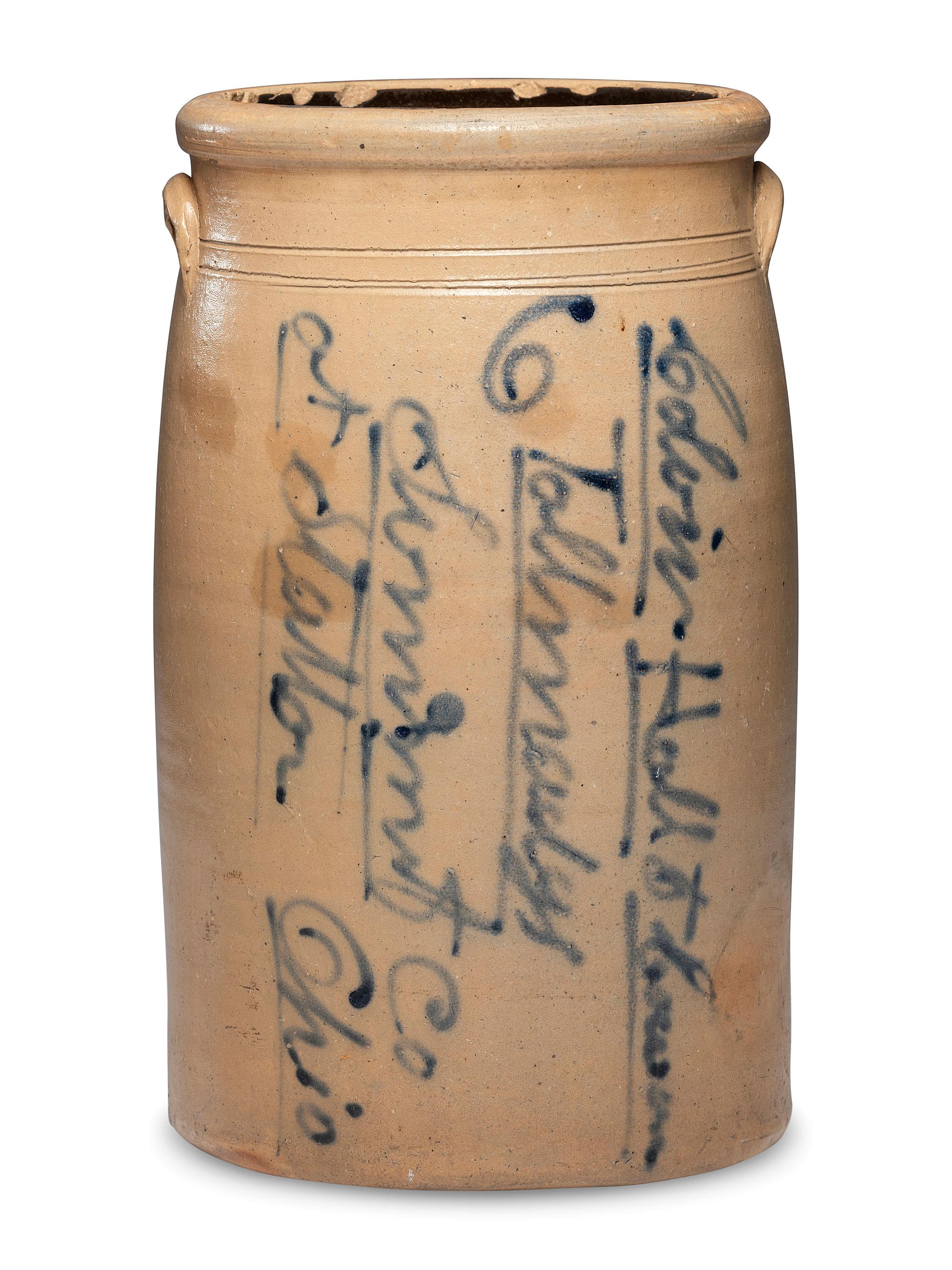 A Colvin, Hall, and Cowan Six-Gallon 'At Station' Script Decorated Stoneware Crock