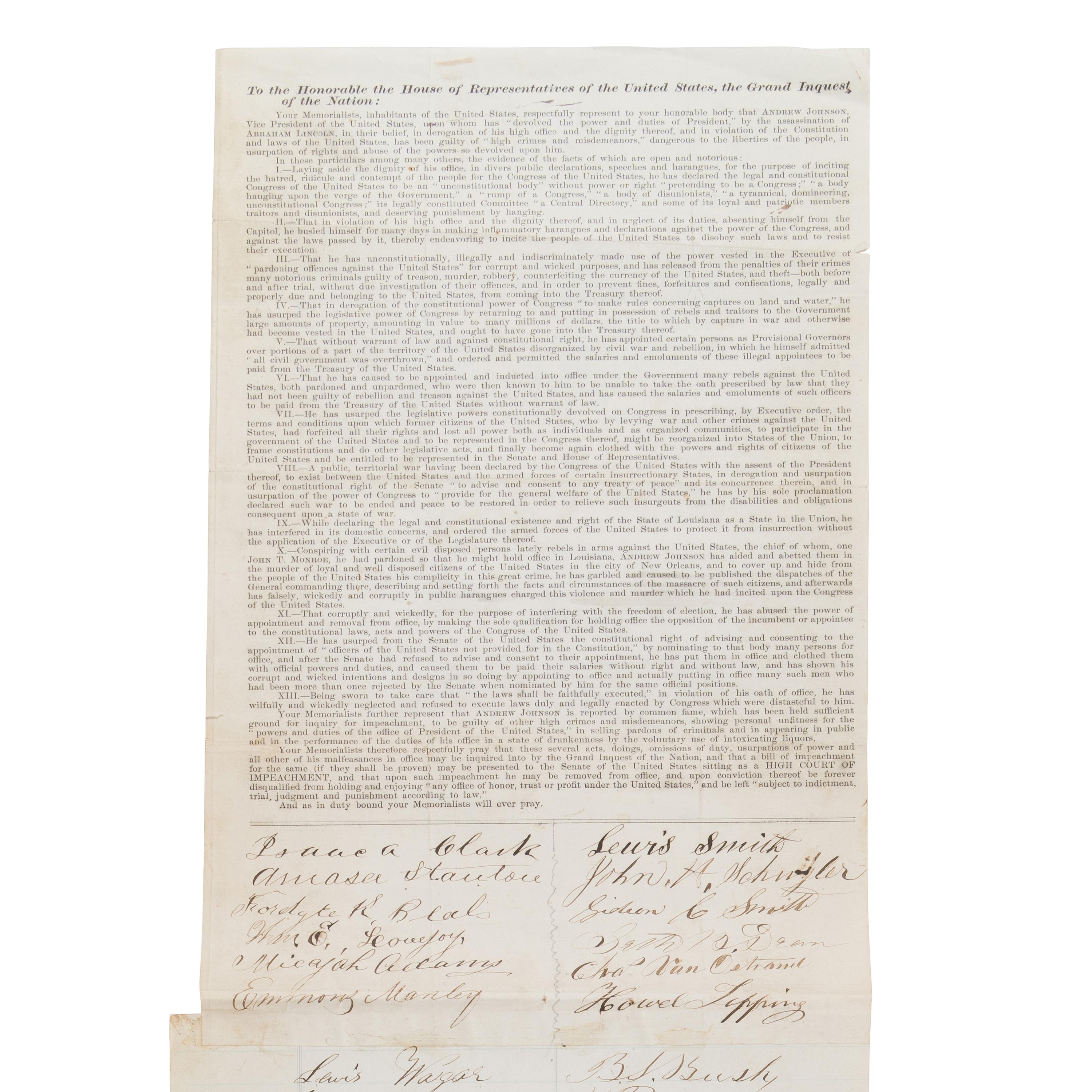 [Johnson, Andrew (1808-1875)]. An early petition and broadside calling for the impeachment of President Andrew Johnson, [Washington, D.C.?], n.d. [ca 1867].