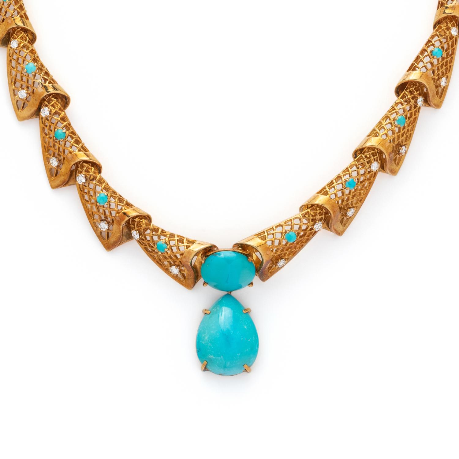 YELLOW GOLD, TREATED TURQUOISE AND DIAMOND NECKLACE