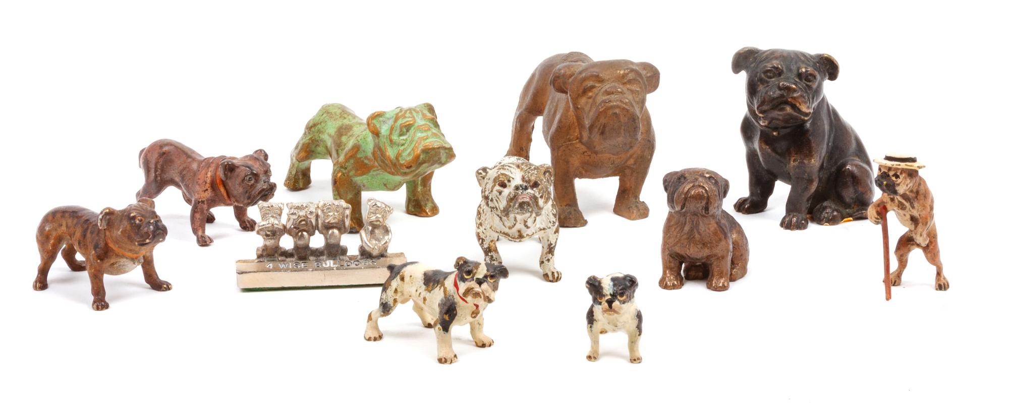 A Group of Eleven Metal Bulldogs Width of widest 3 inches.