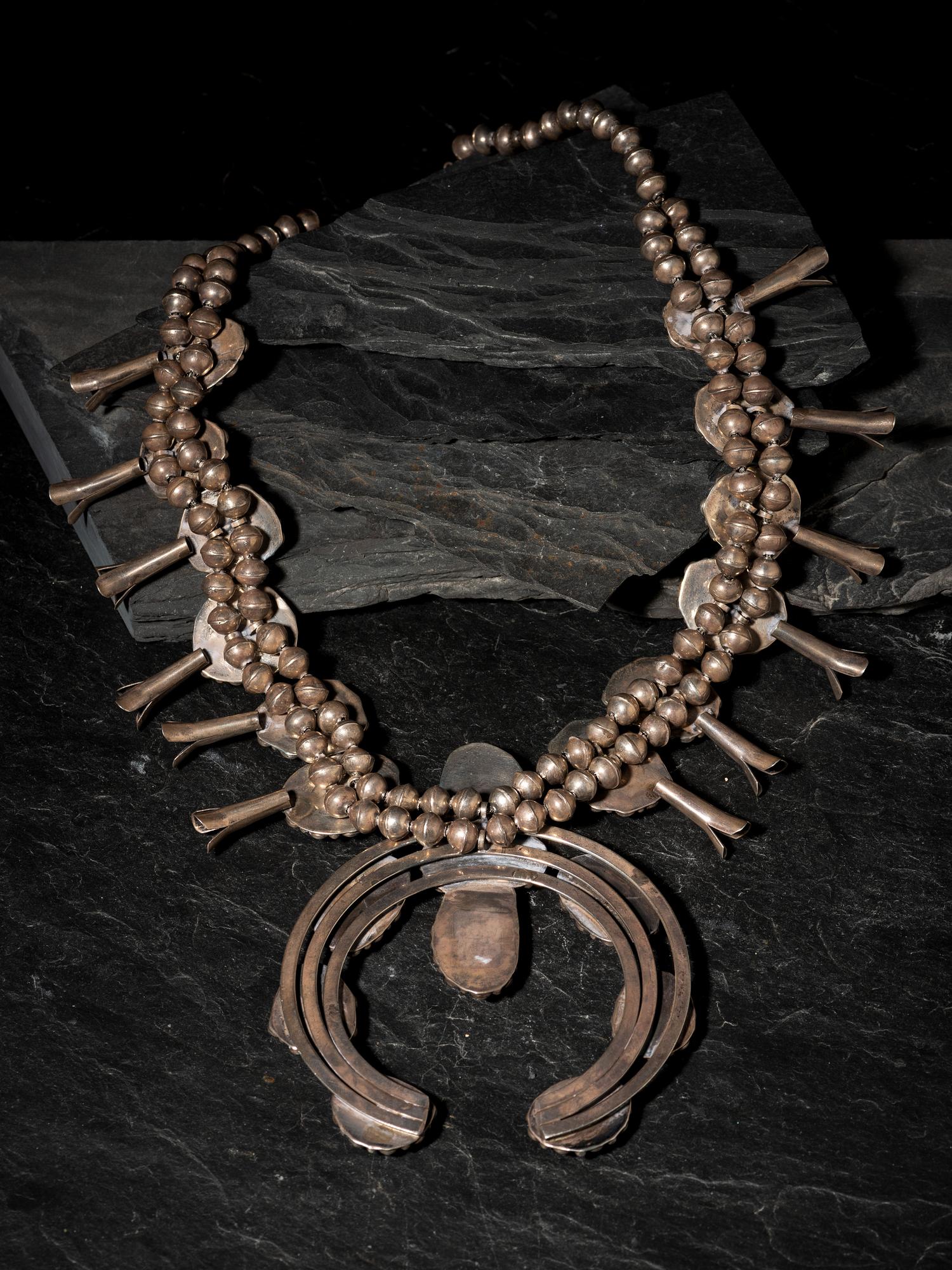 Navajo Silver and Turquoise Squash Blossom Necklace