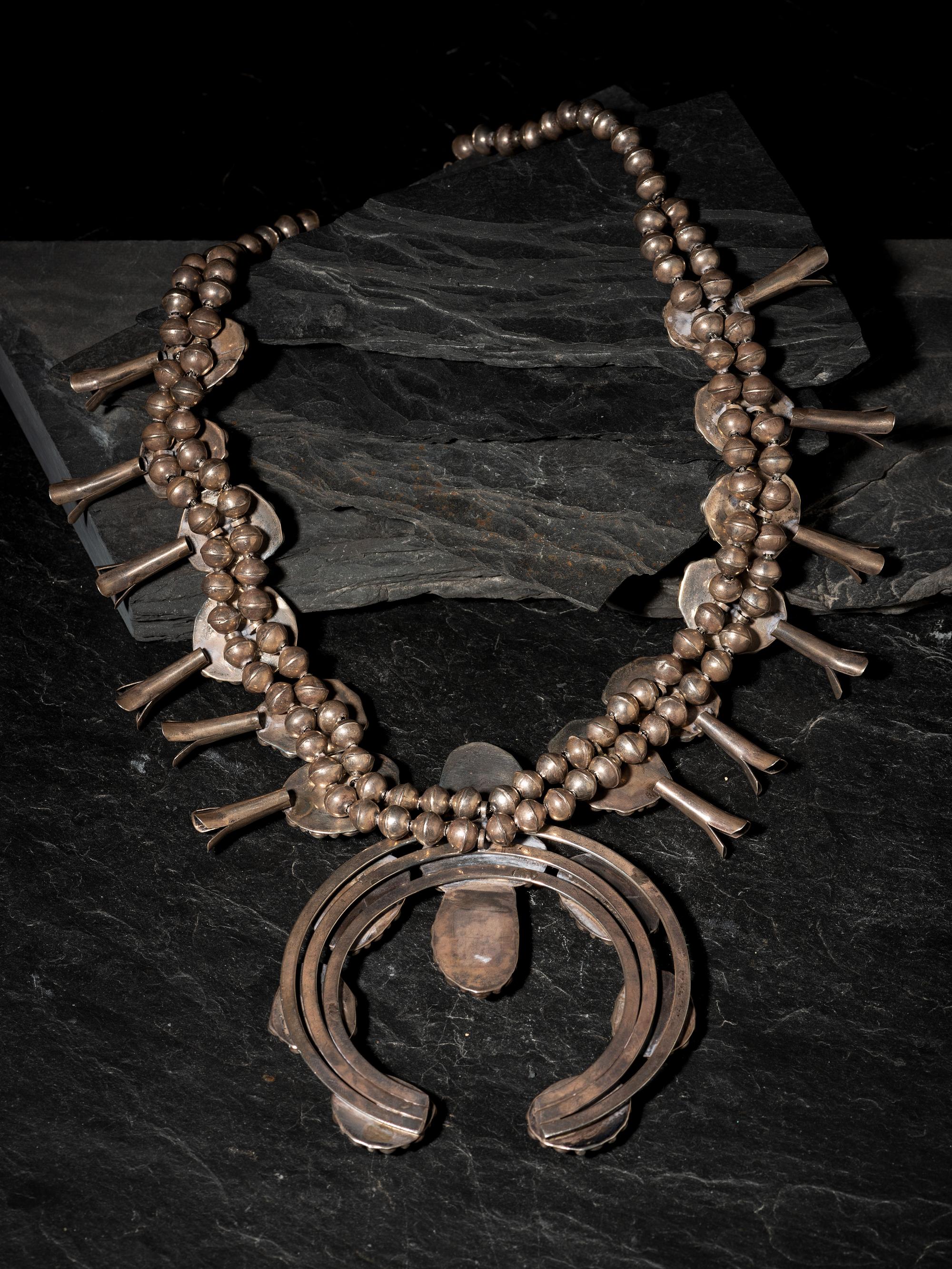 Navajo Silver and Turquoise Squash Blossom Necklace