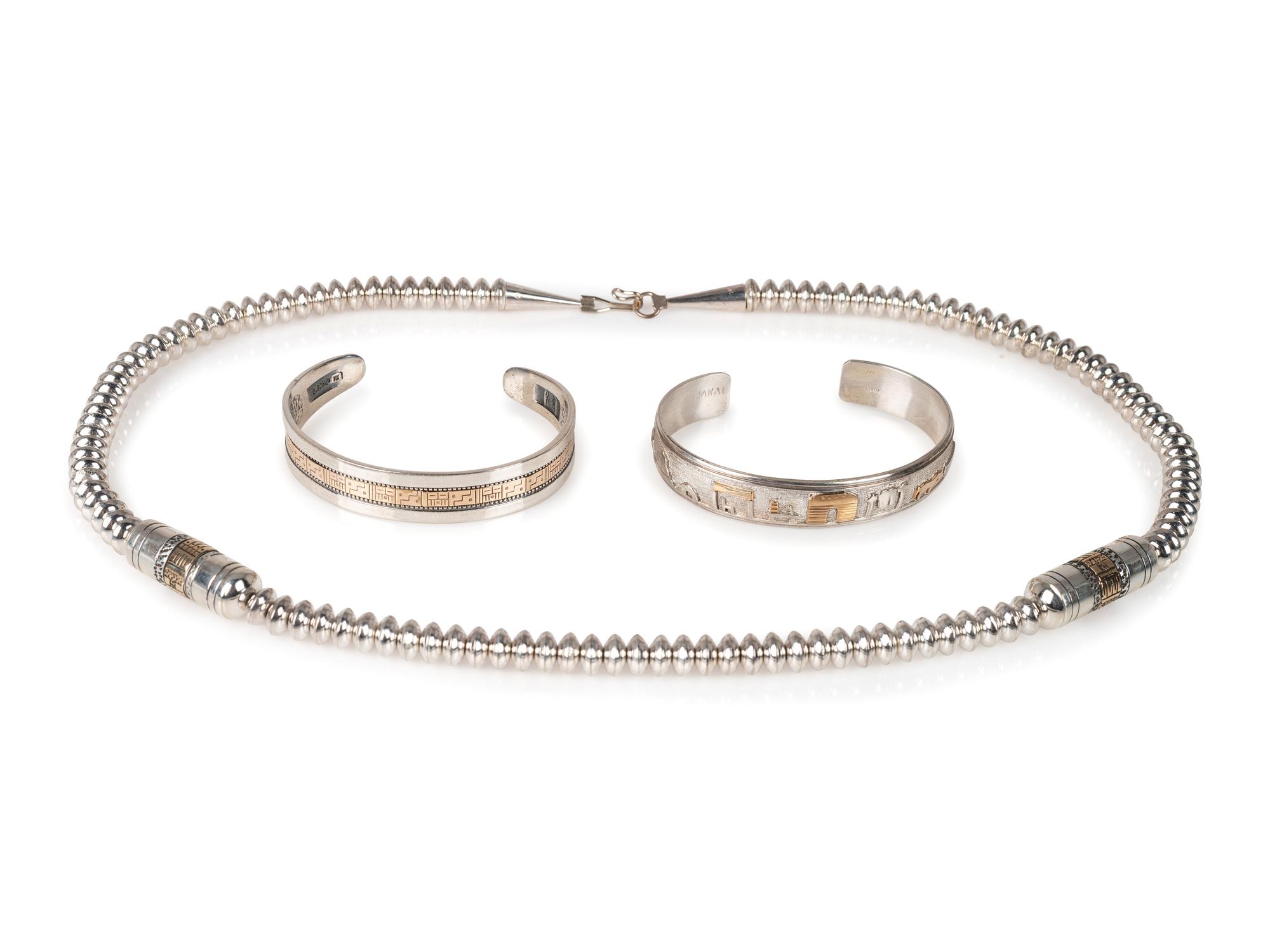 Navajo and Kewa Sterling Silver Necklace AND Cuff Bracelets, with 14K Gold Accents