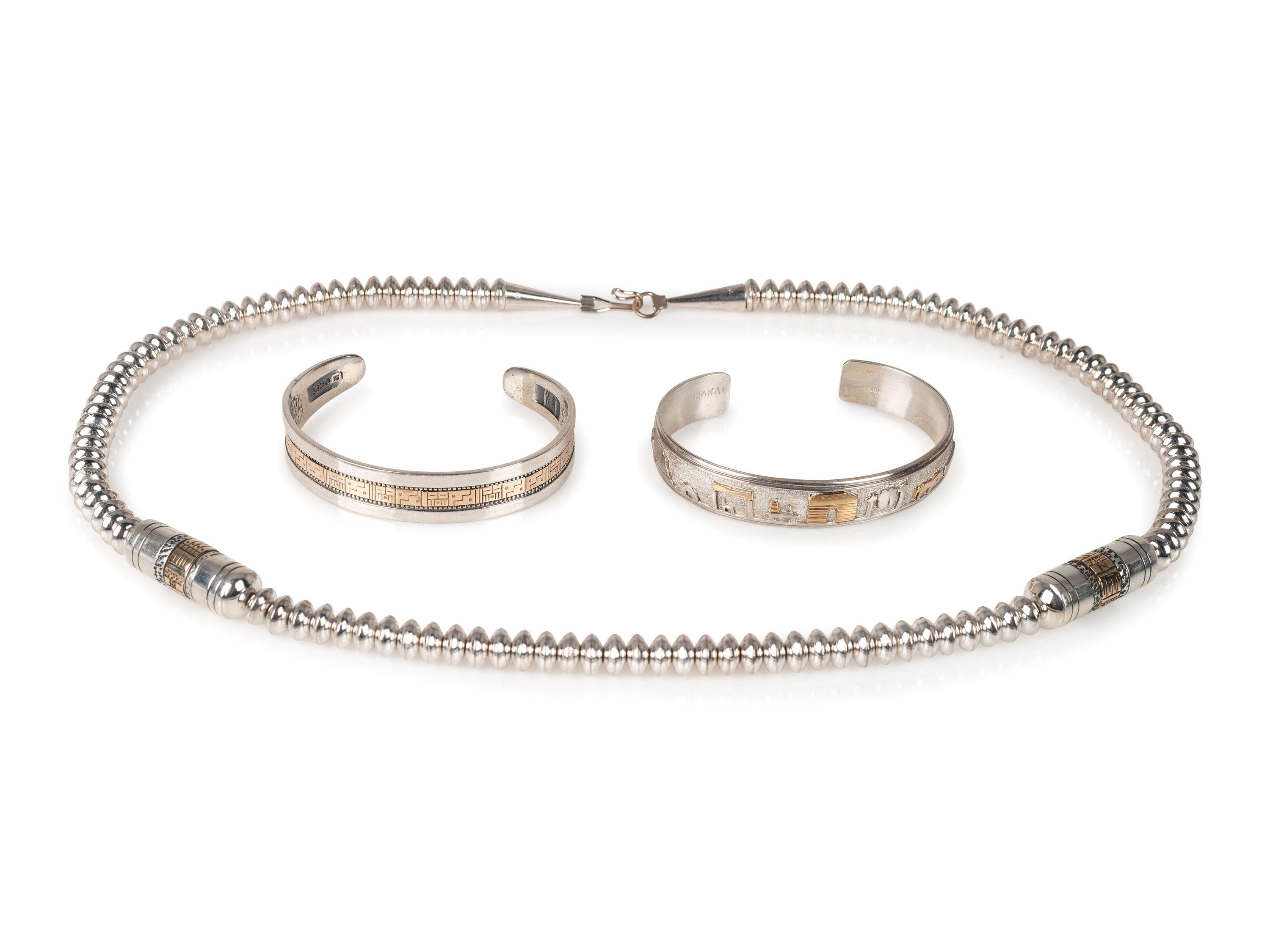 Navajo and Kewa Sterling Silver Necklace AND Cuff Bracelets, with 14K Gold Accents