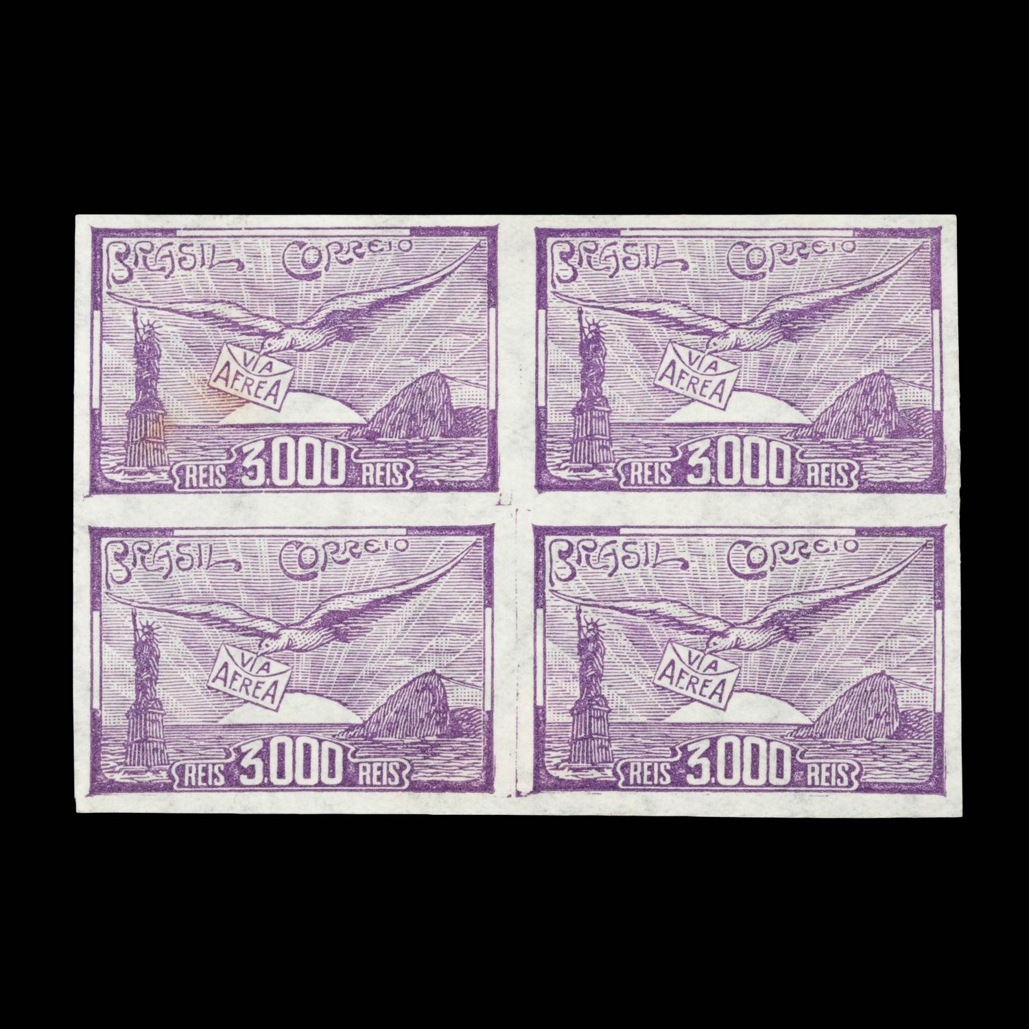 {PHILATELY} BRAZIL. Airmail. 1929, 3,000r, Violet (#C25VAR), Imperforate Block of Four