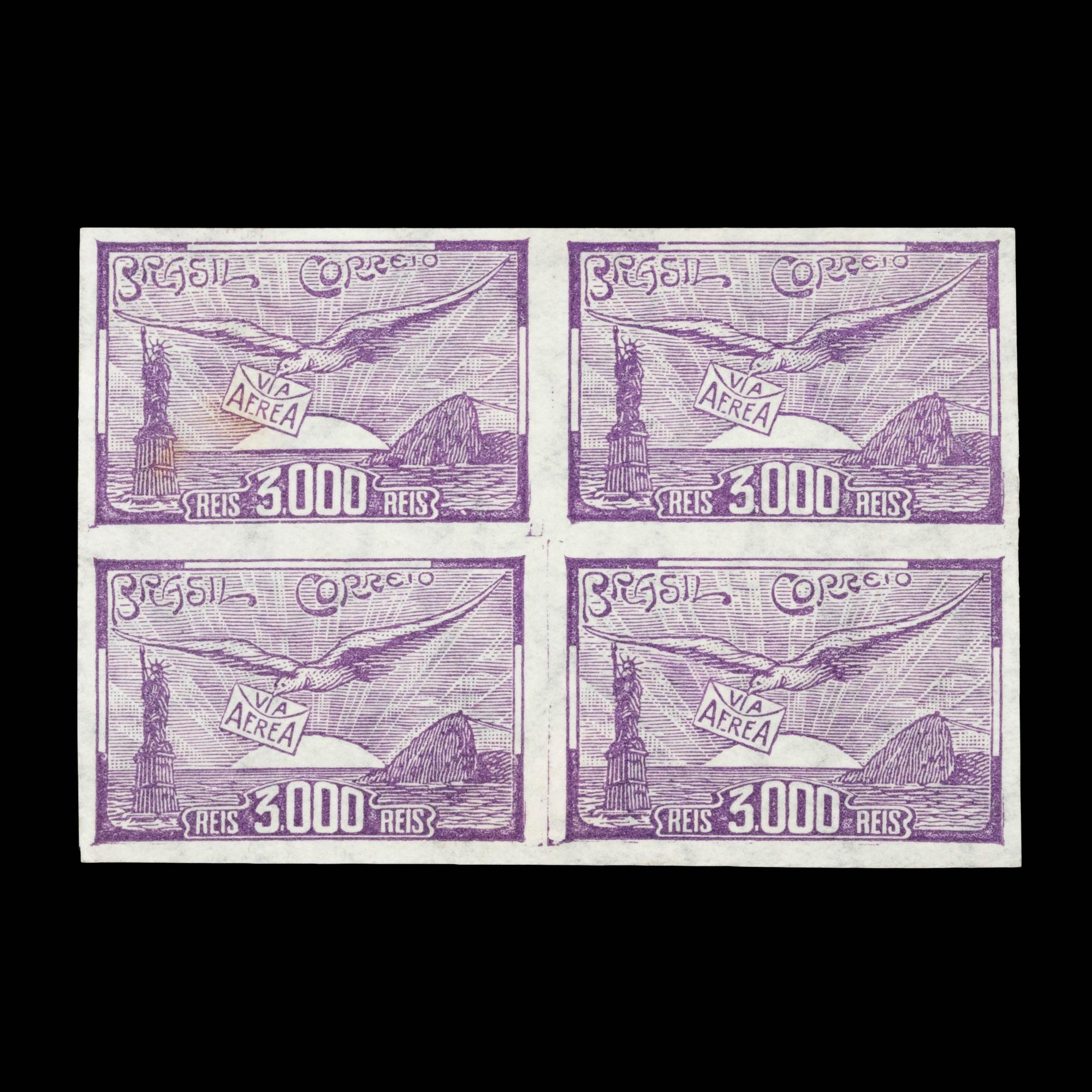 {PHILATELY} BRAZIL. Airmail. 1929, 3,000r, Violet (#C25VAR), Imperforate Block of Four