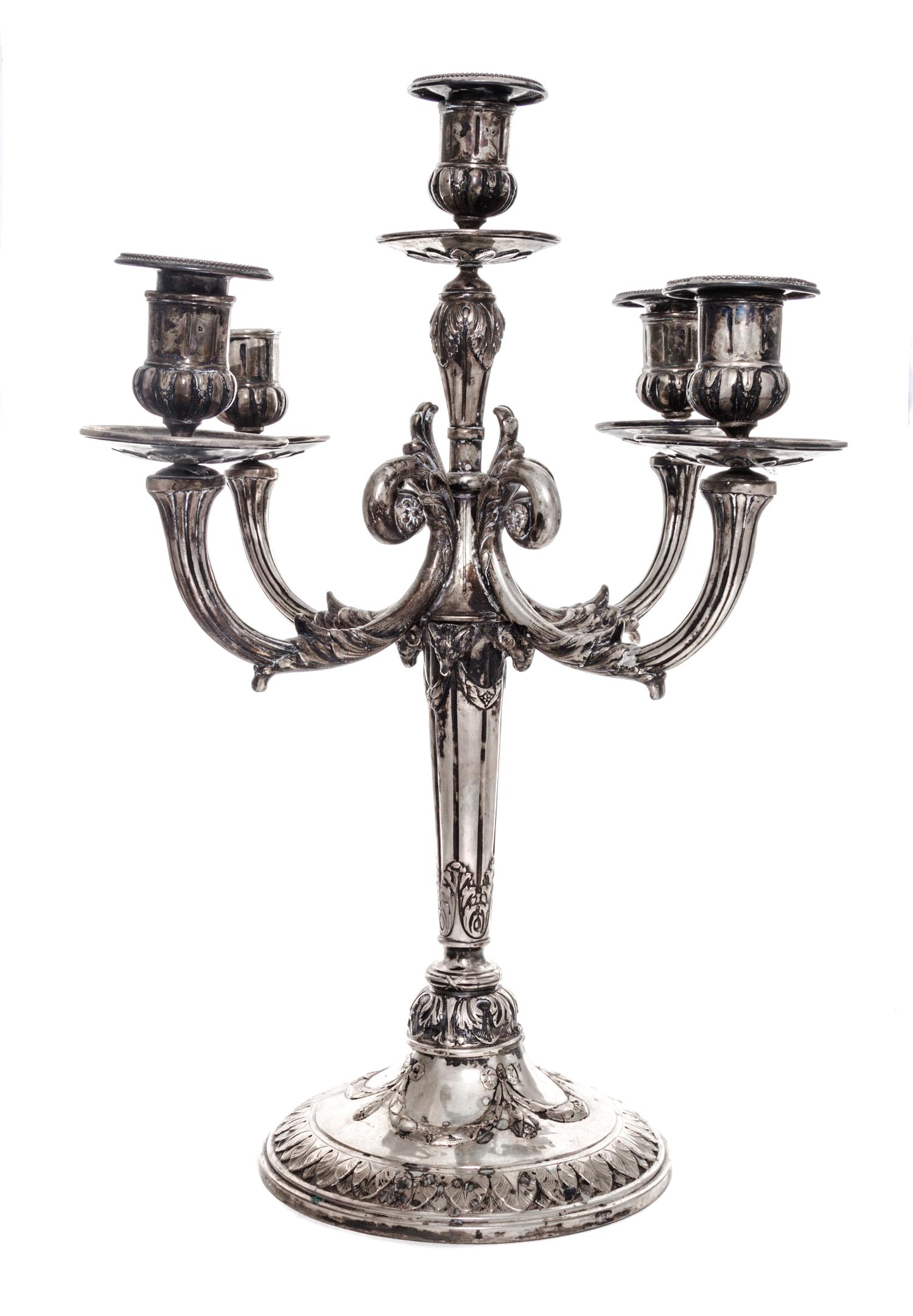 A Continental Silver Five-Light Candelabrum, Probably German, 19th/20th Century, of columnar form with swag decoration.