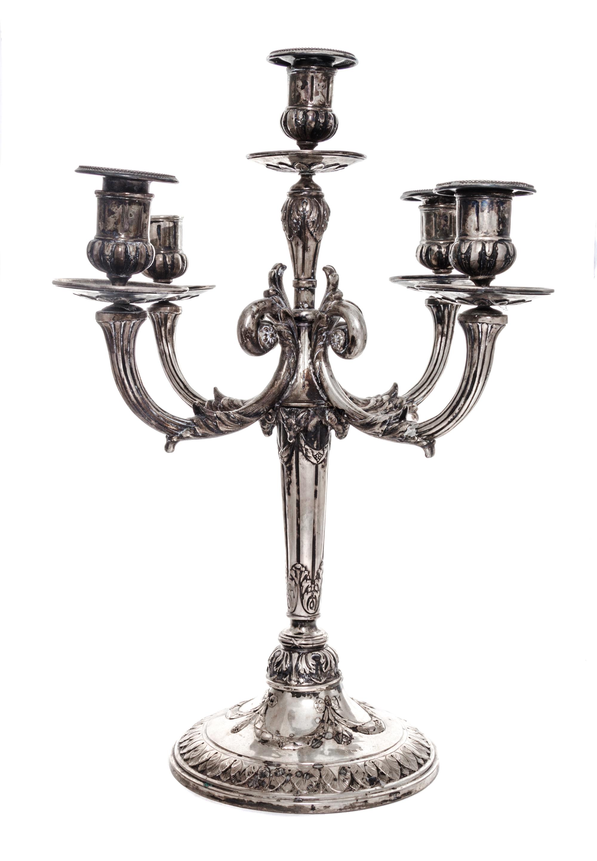 A Continental Silver Five-Light Candelabrum, Probably German, 19th/20th Century, of columnar form with swag decoration.