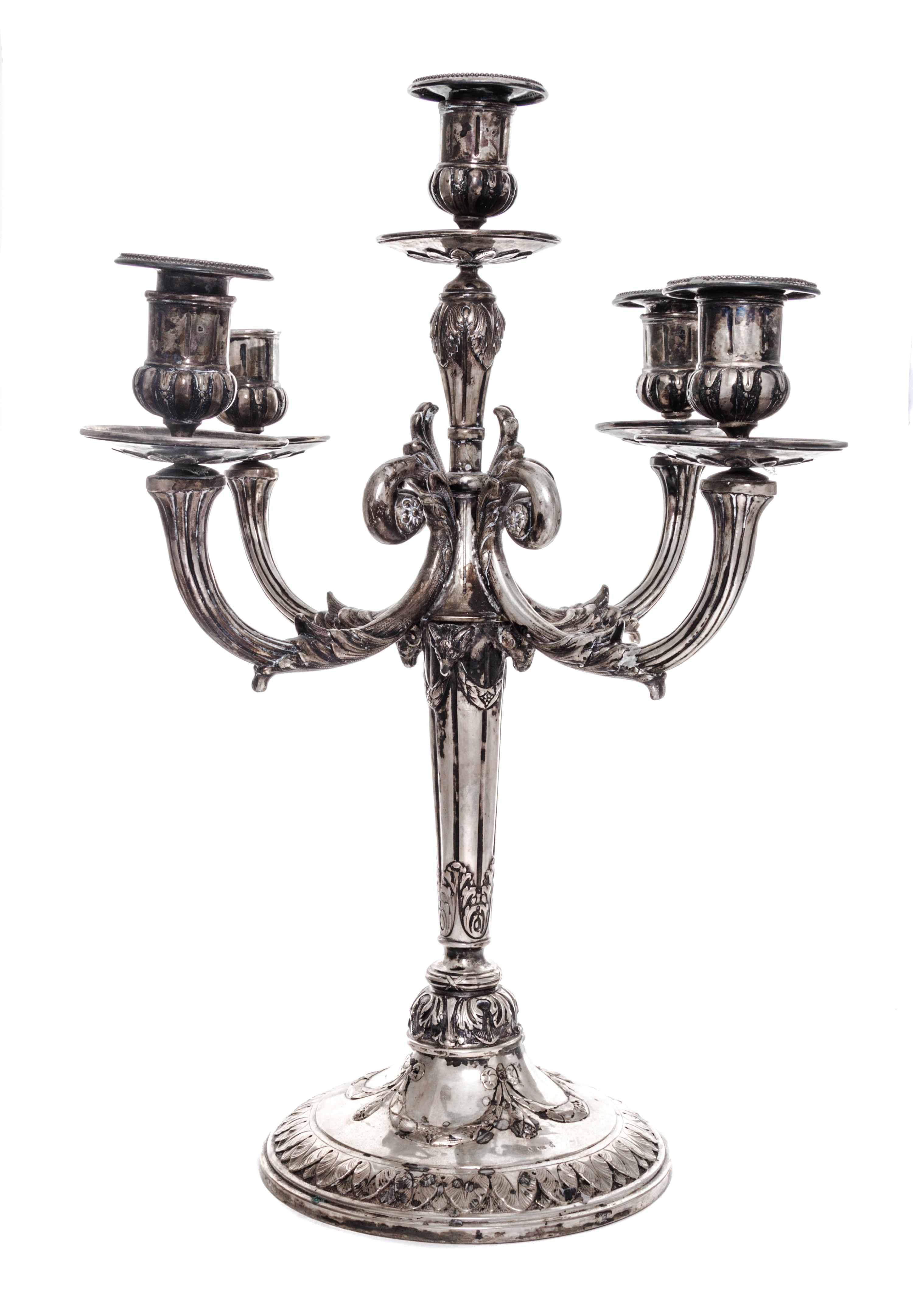 A Continental Silver Five-Light Candelabrum, Probably German, 19th/20th Century, of columnar form with swag decoration.