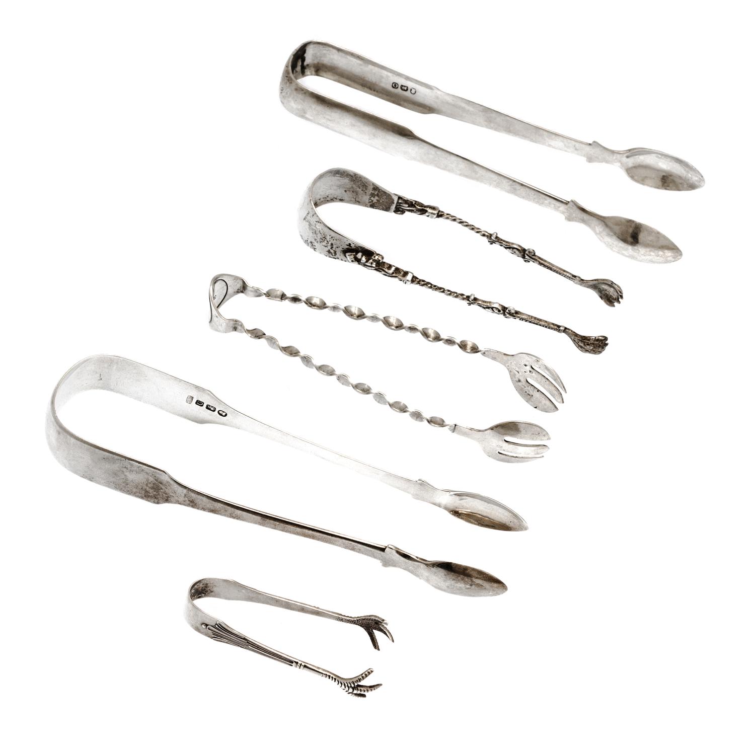 A Group of Five Silver Tongs, , comprising three English, one Continental and one American example