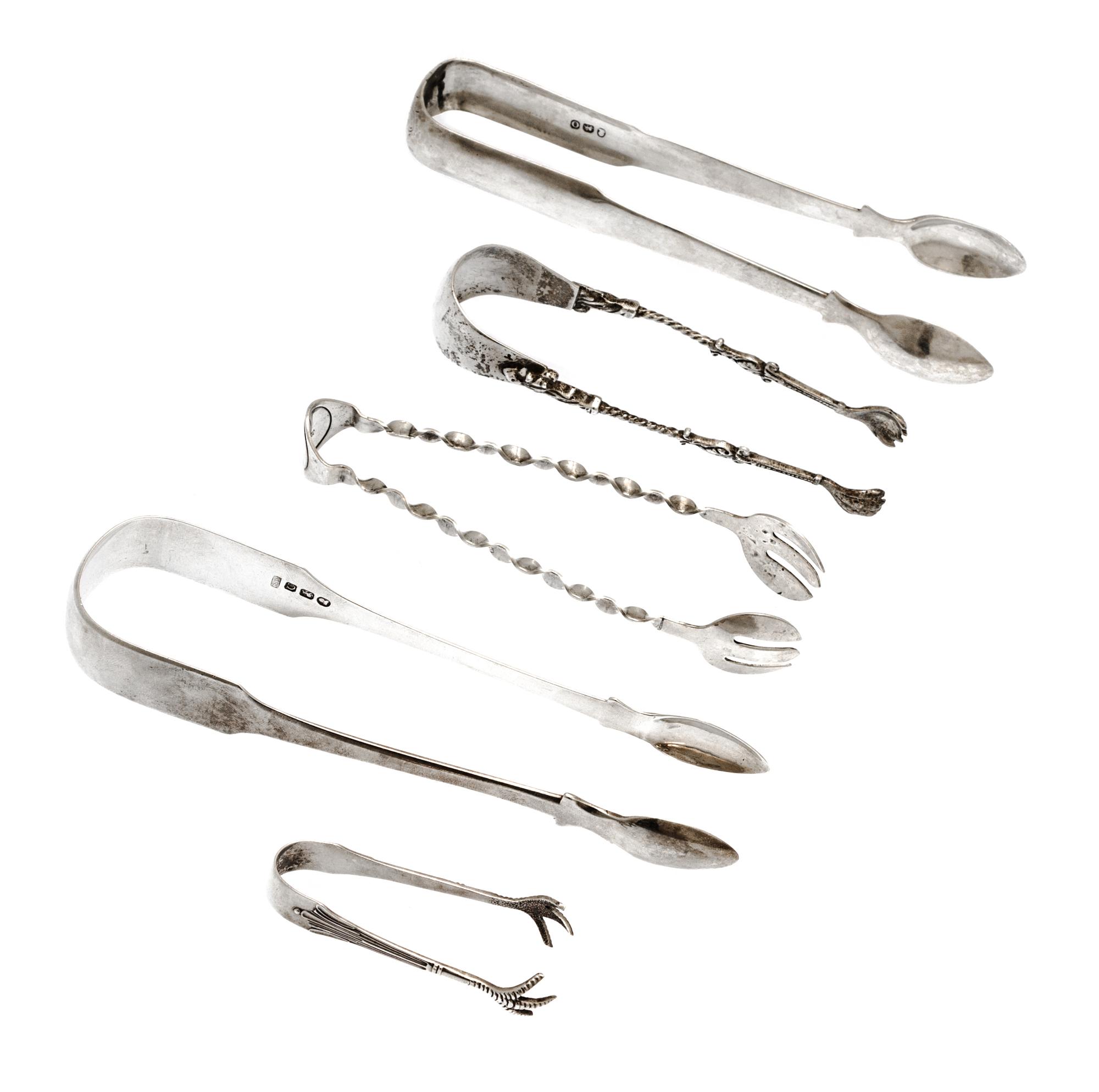 A Group of Five Silver Tongs, , comprising three English, one Continental and one American example