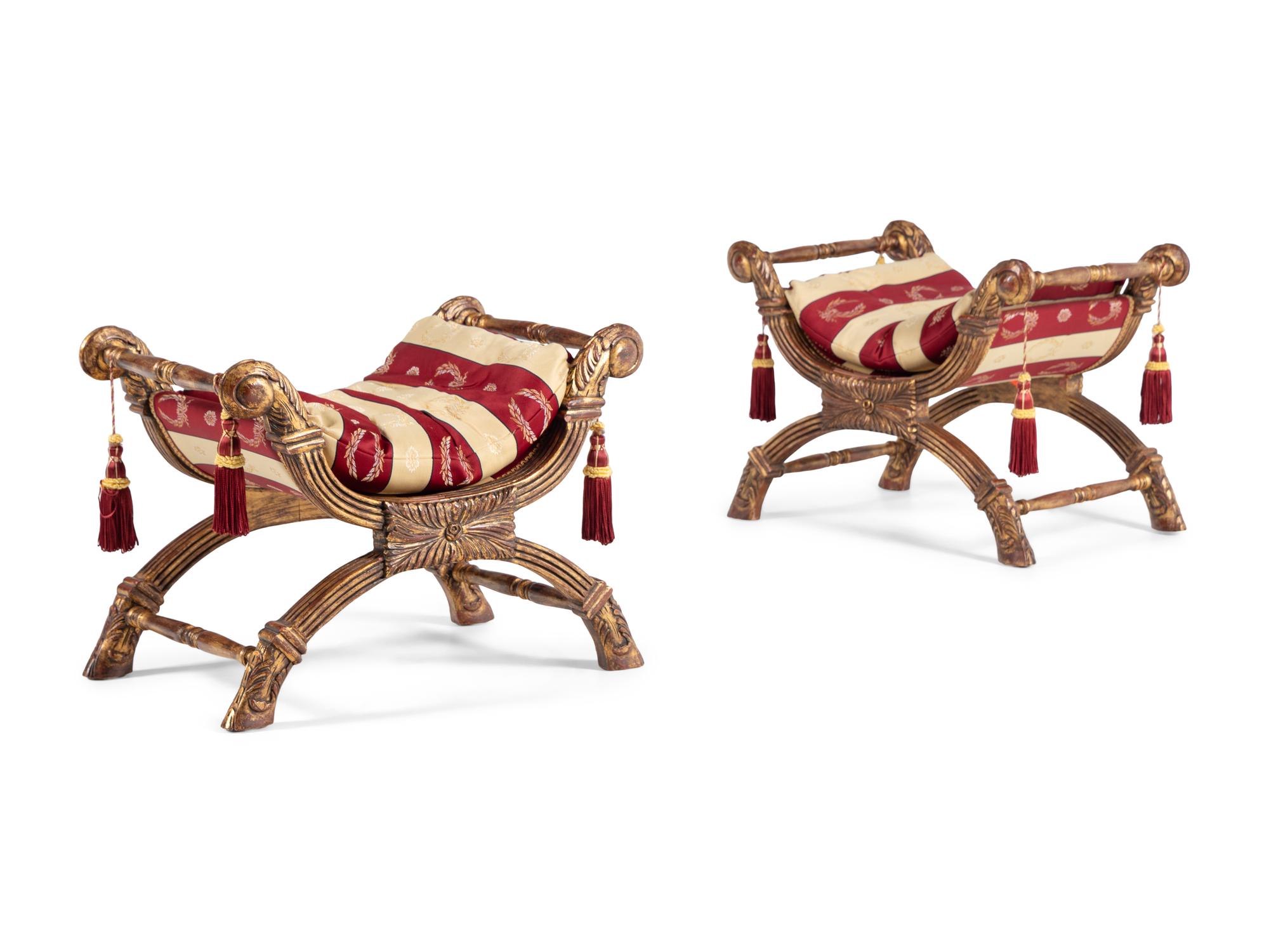 A Pair of Regency Style Giltwood Curule Stools