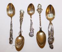 A Group of Five Silver Souvenir Spoons, Various Makers, Primarily 19th Century, of "Native American" interest.
