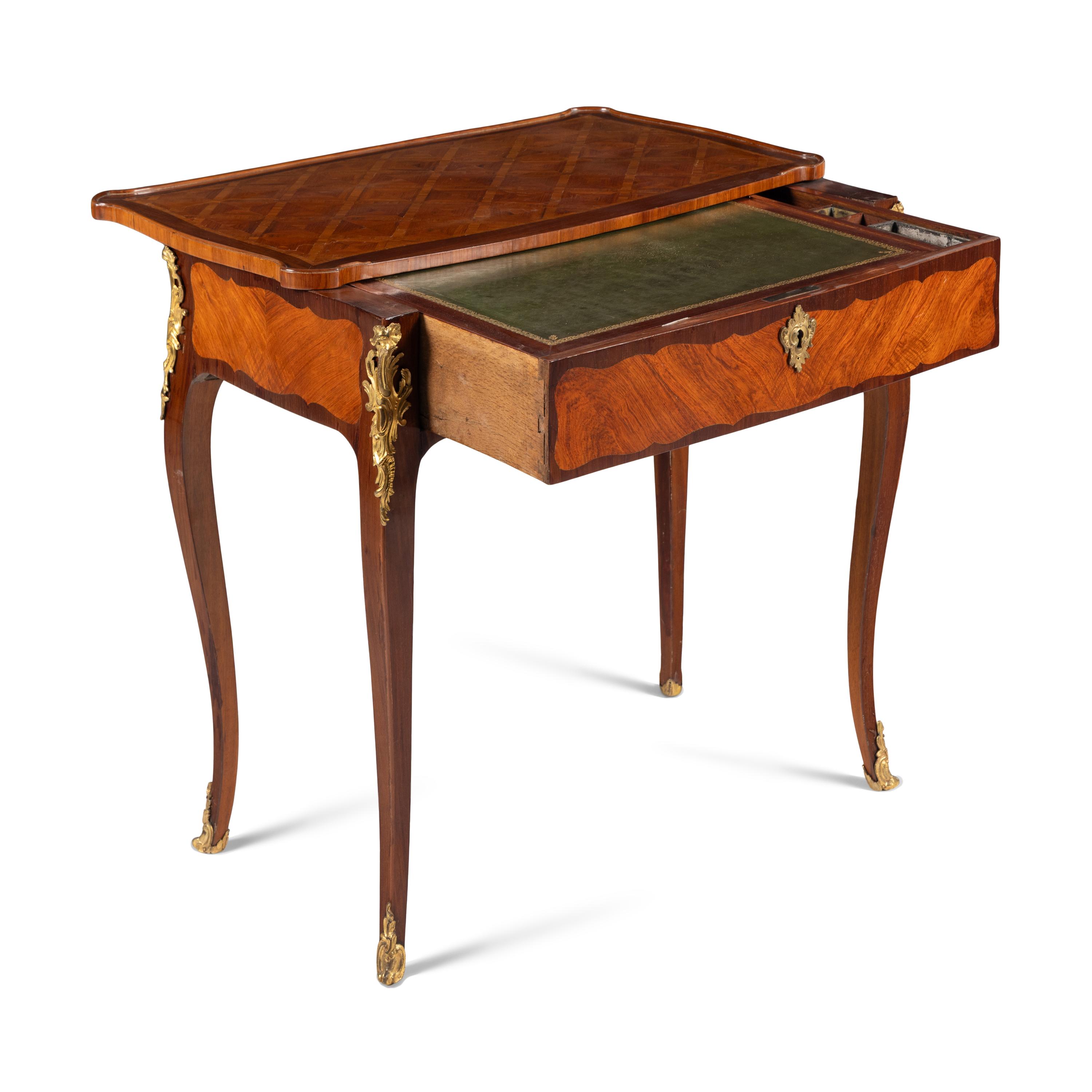 A Louis XV/XVI Transitional Gilt Bronze Mounted Amaranth, Tulipwood and Parquetry Table à Écrire