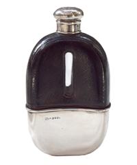 A Silver and Leather Flask, Thomas Jenkins of London 3" W x 1" D x 5.25" H — England, Circa 1812